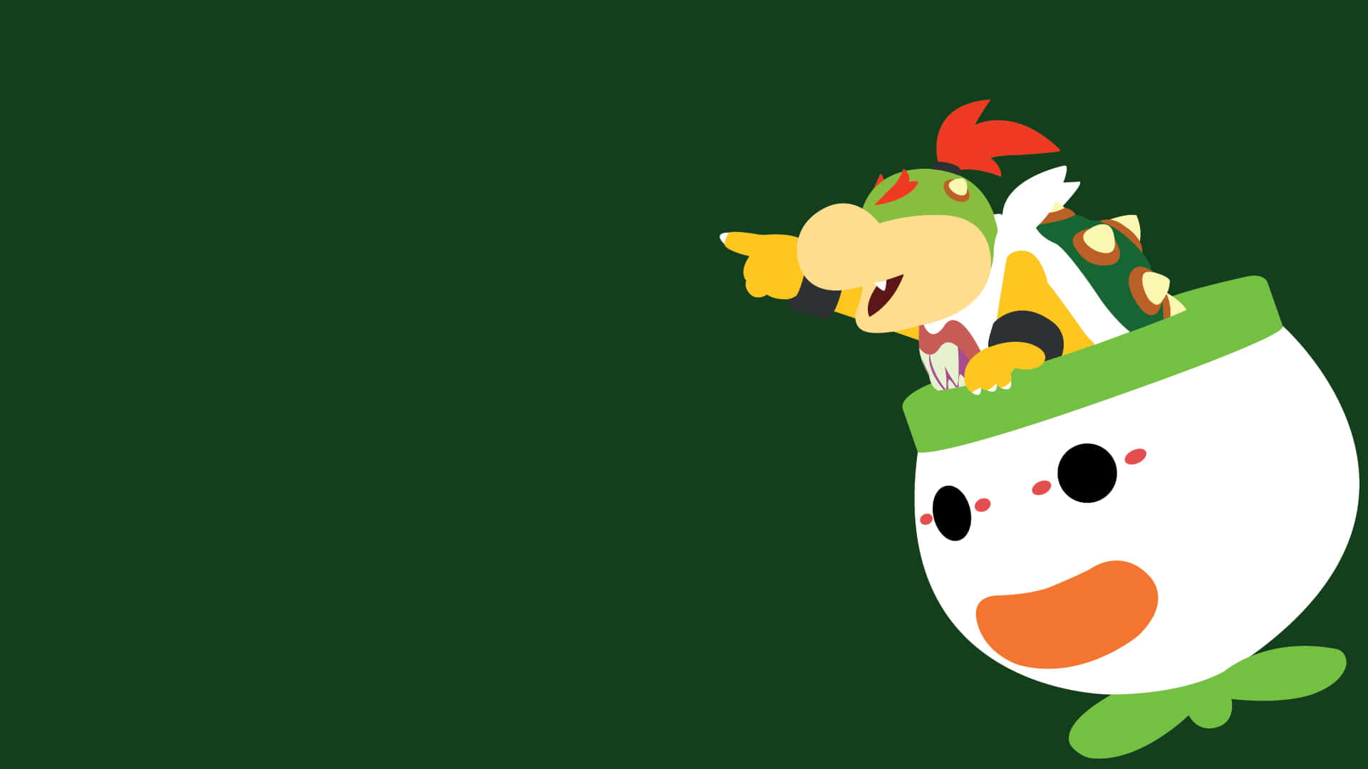 Bowser Jr 桌布 壁紙 — Bowser Jr. 從一個微笑的白色外殼中彈出，背景是純深綠色。