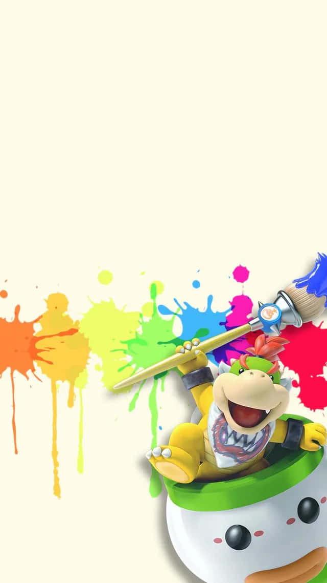 Bowser Jr 桌布 壁紙 — Bowser Jr. 愉快地揮動巨型畫筆，在柔和的奶油色背景上釋放出充滿活力的彩虹飛濺。
