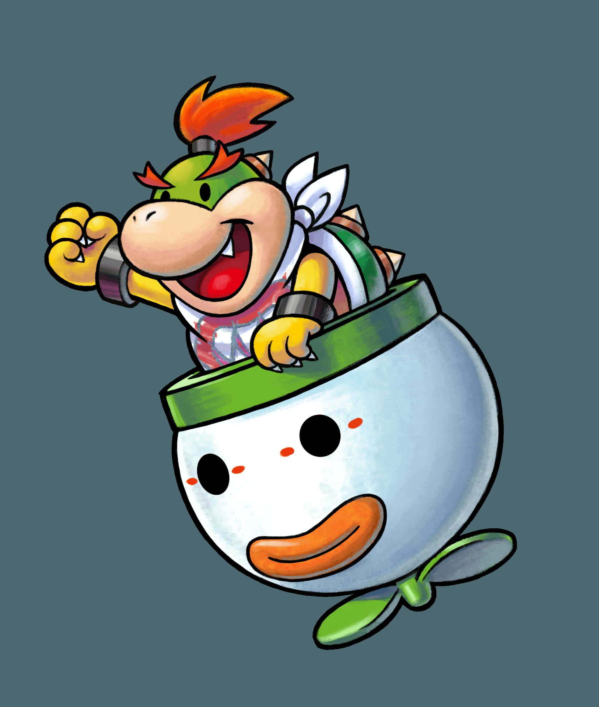 Bowser Jr 桌布 壁紙 — Bowser Jr. 愉快地騎著一個帶綠色邊飾的笑臉白色貝殼，背景是純灰色。