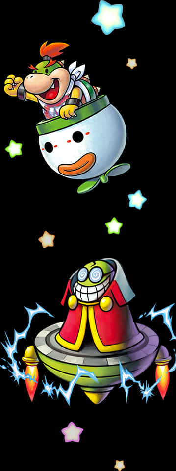 bowser 桌布 壁紙 — Bowser Jr. 愉快地騎著雪人主題的車輛，而一個穿著紅色斗篷的邪惡角色駕駛著一個火花四濺的UFO，背景是繁星點點的黑色天空。