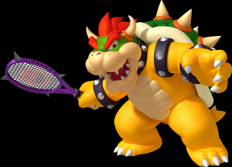 bowser 桌布 壁紙 — Bowser 在 3d 渲染中，在黑色背景前，表情兇猛，拿著一個帶刺的紫色網球拍。