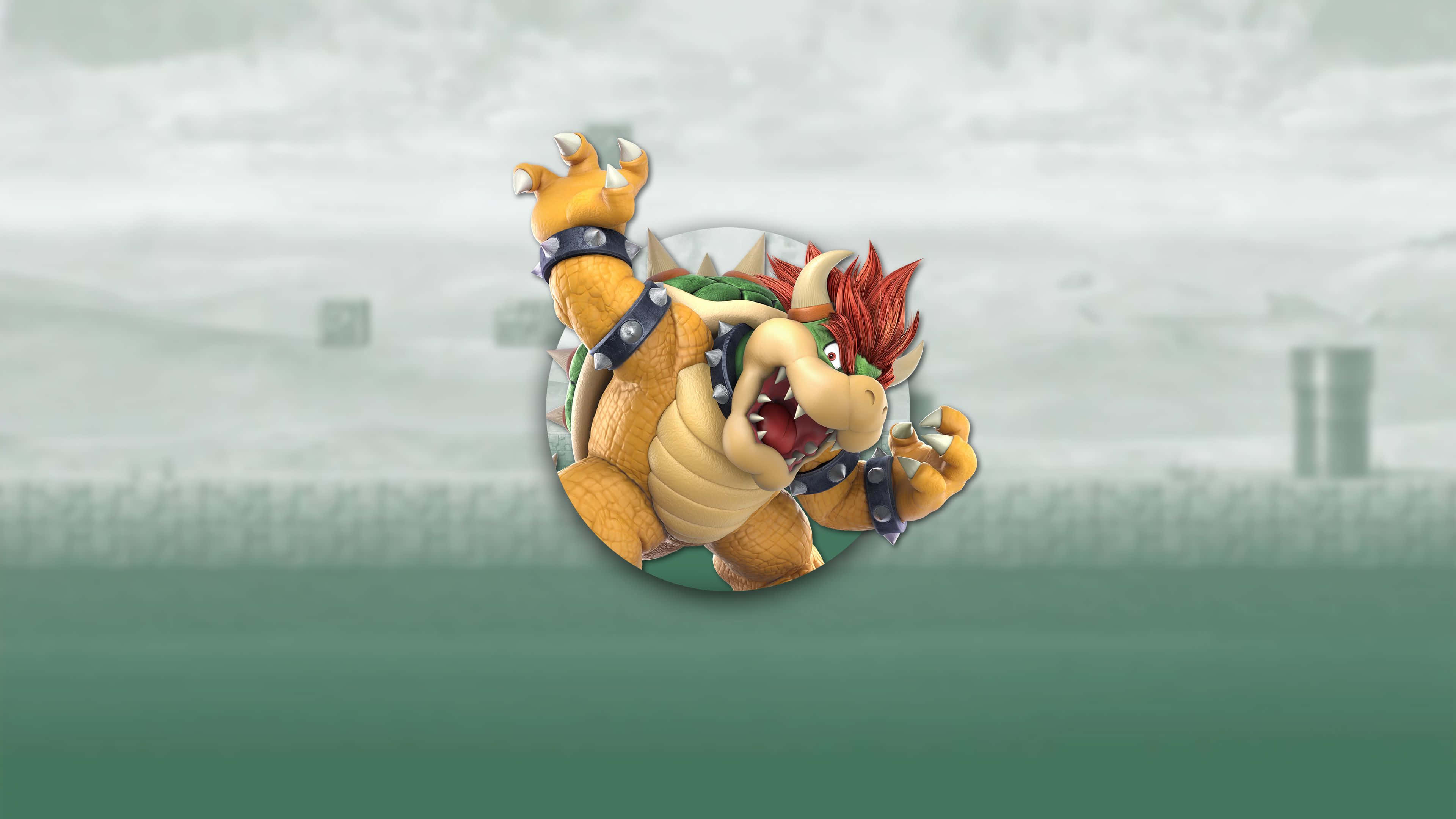 bowser 桌布 壁紙 — Bowser 在圓形框架內對著模糊的綠色和灰色背景挑釁地咆哮。
