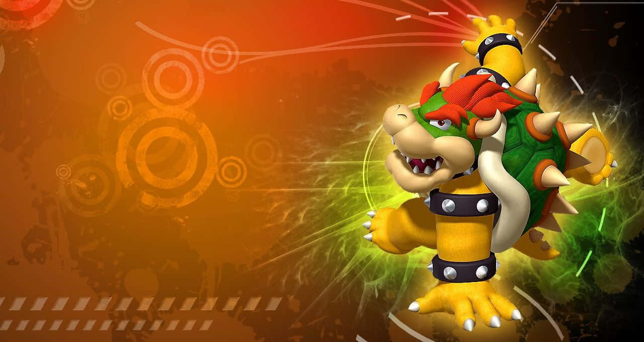 bowser 桌布 壁紙 — Bowser 在帶有圓形圖案的熾熱橙色背景上，發出發光的綠色能量咆哮。