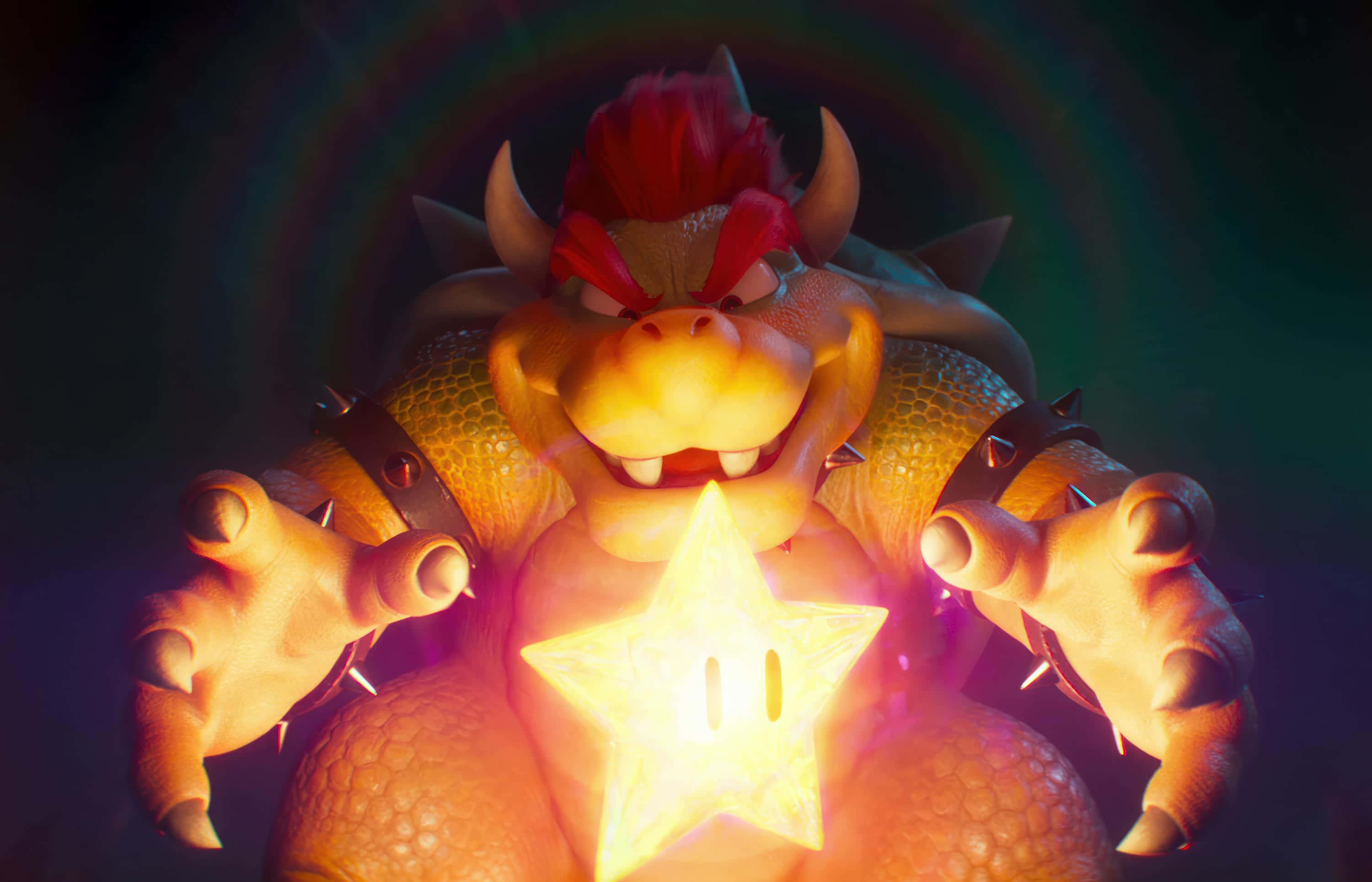 bowser 桌布 壁紙 — Bowser 在黑暗漩渦背景中，用兇猛的眼神拿著一顆發光的星星。