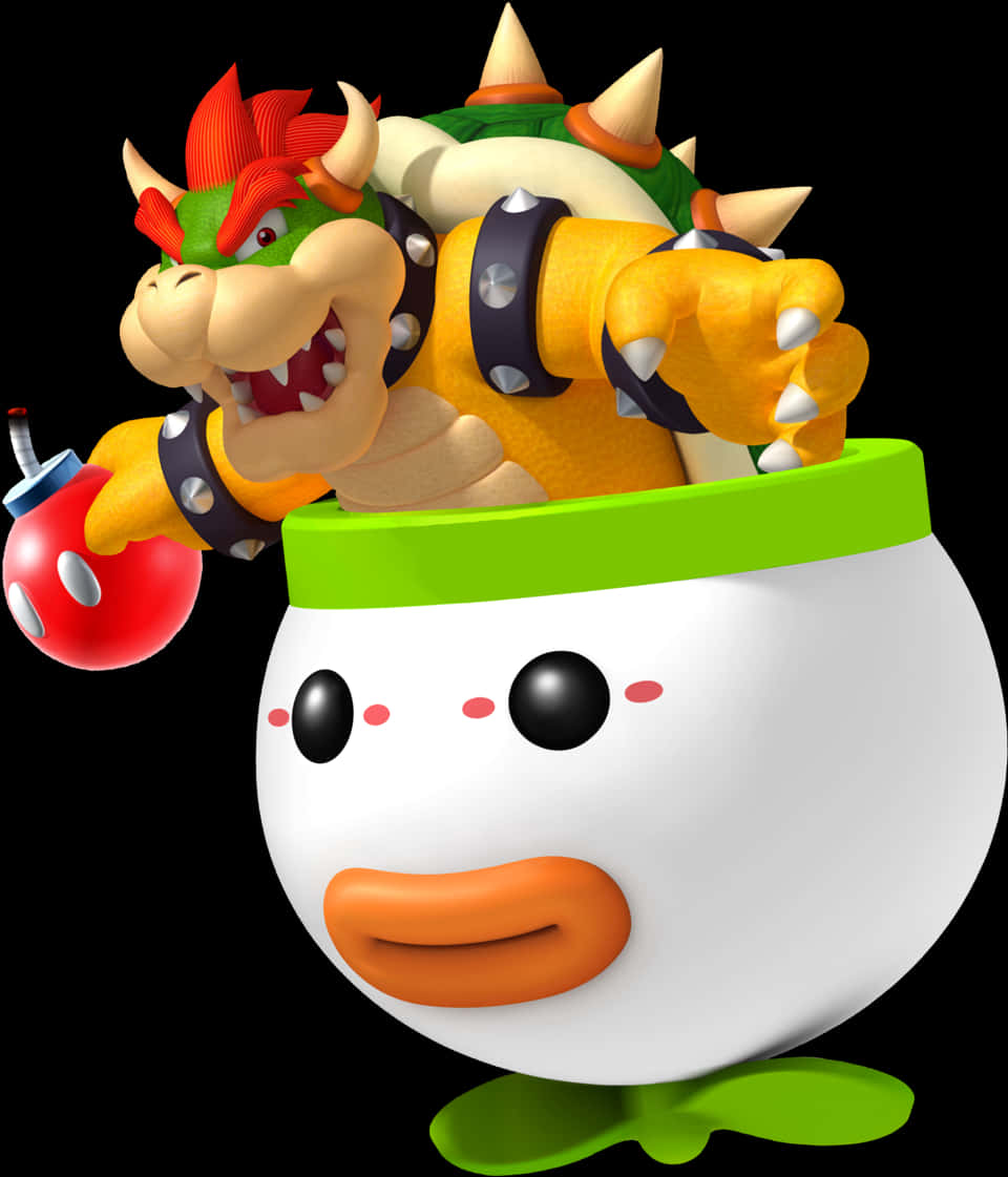 bowser 桌布 壁紙 — Bowser 從一個卡通雞蛋中出現，手持炸彈，背景為黑色。