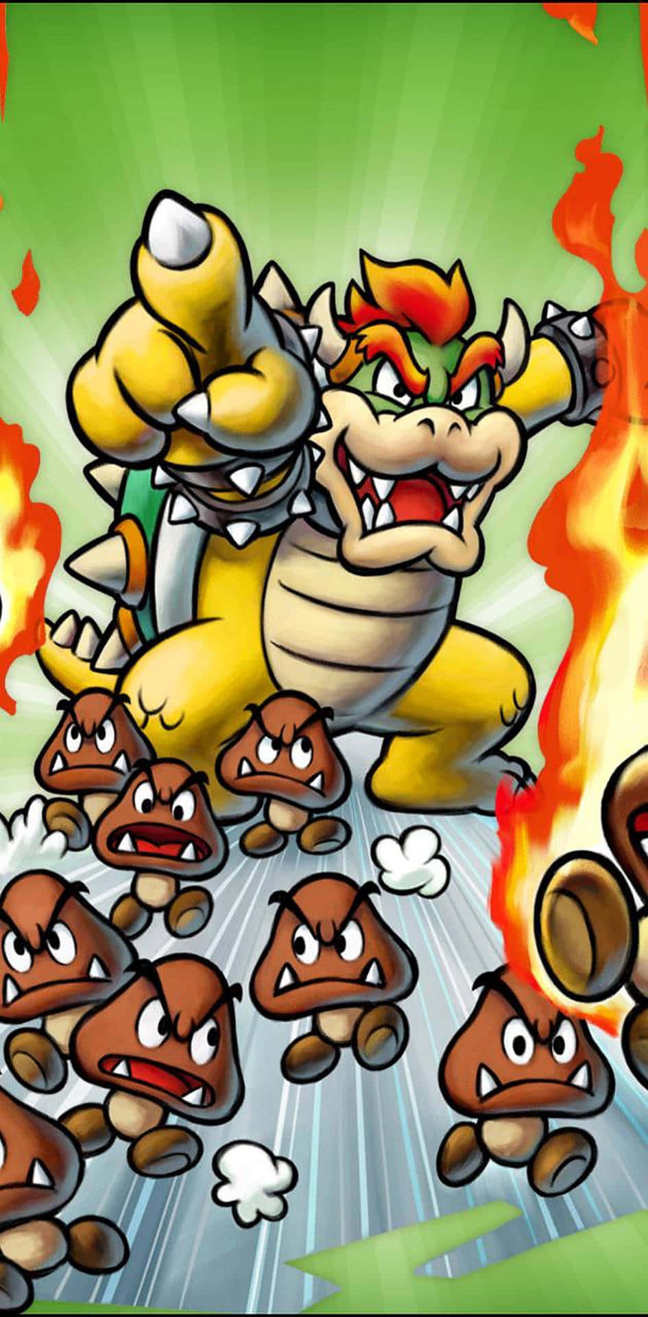 bowser 桌布 壁紙 — Bowser 發出威脅性的咆哮，而熾熱的Goombas在光芒四射的綠色背景下向前衝刺。