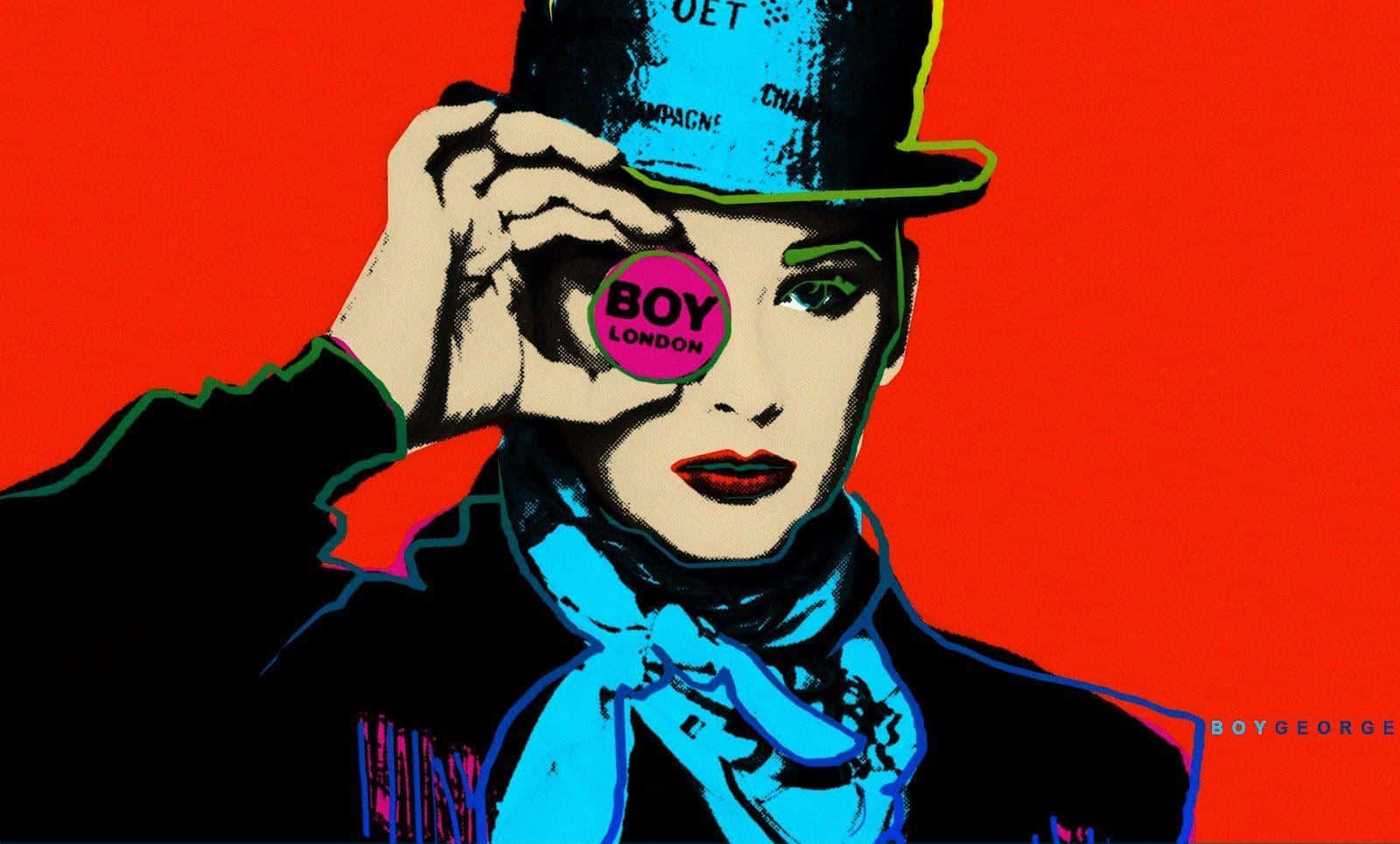 paint 桌布 壁紙 — Boy George 戴著高帽和圍巾，在鮮紅色背景下的風格化普普藝術肖像。