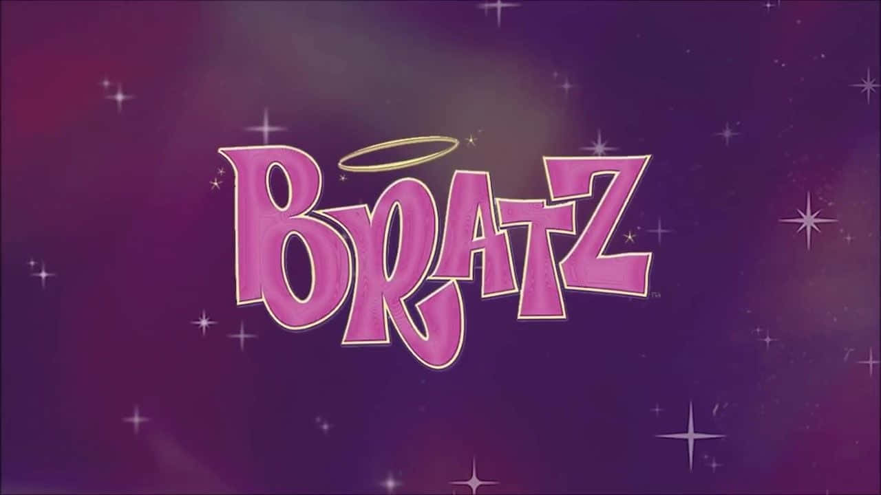 2000s 桌布 壁紙 — Bratz 標誌以閃亮粉紅色字體搭配金色光環，漂浮在閃爍的紫色星空背景上。