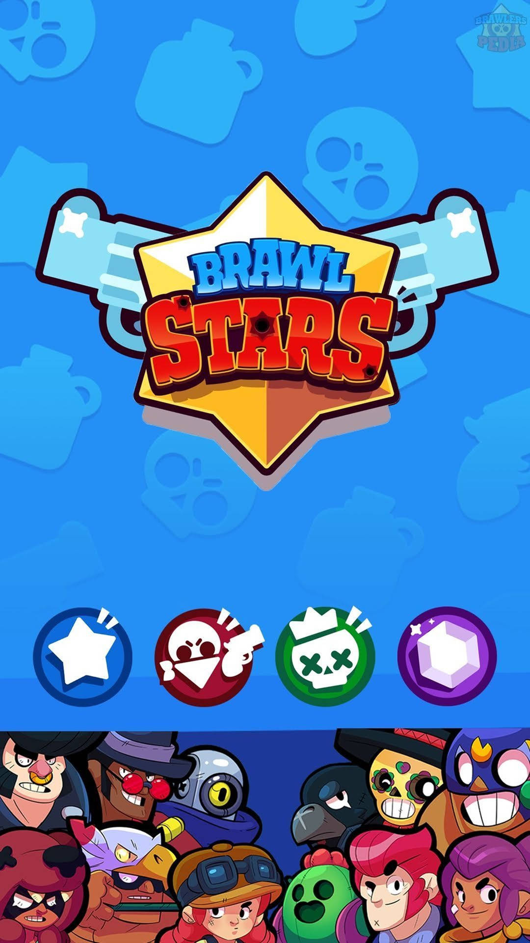 Brawl Stars 遊戲標誌，帶有角色圖標和骷髏圖案，背景為藍色。 — 4K 壁紙