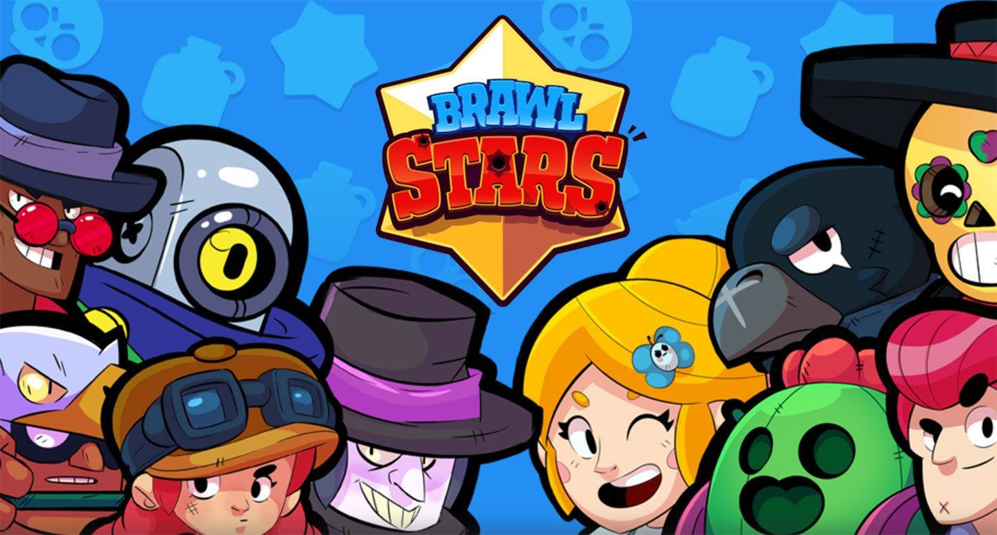荒野亂鬥 桌布 壁紙 — Brawl Stars 的鮮豔卡通角色在藍色星空背景下圍繞遊戲標誌。