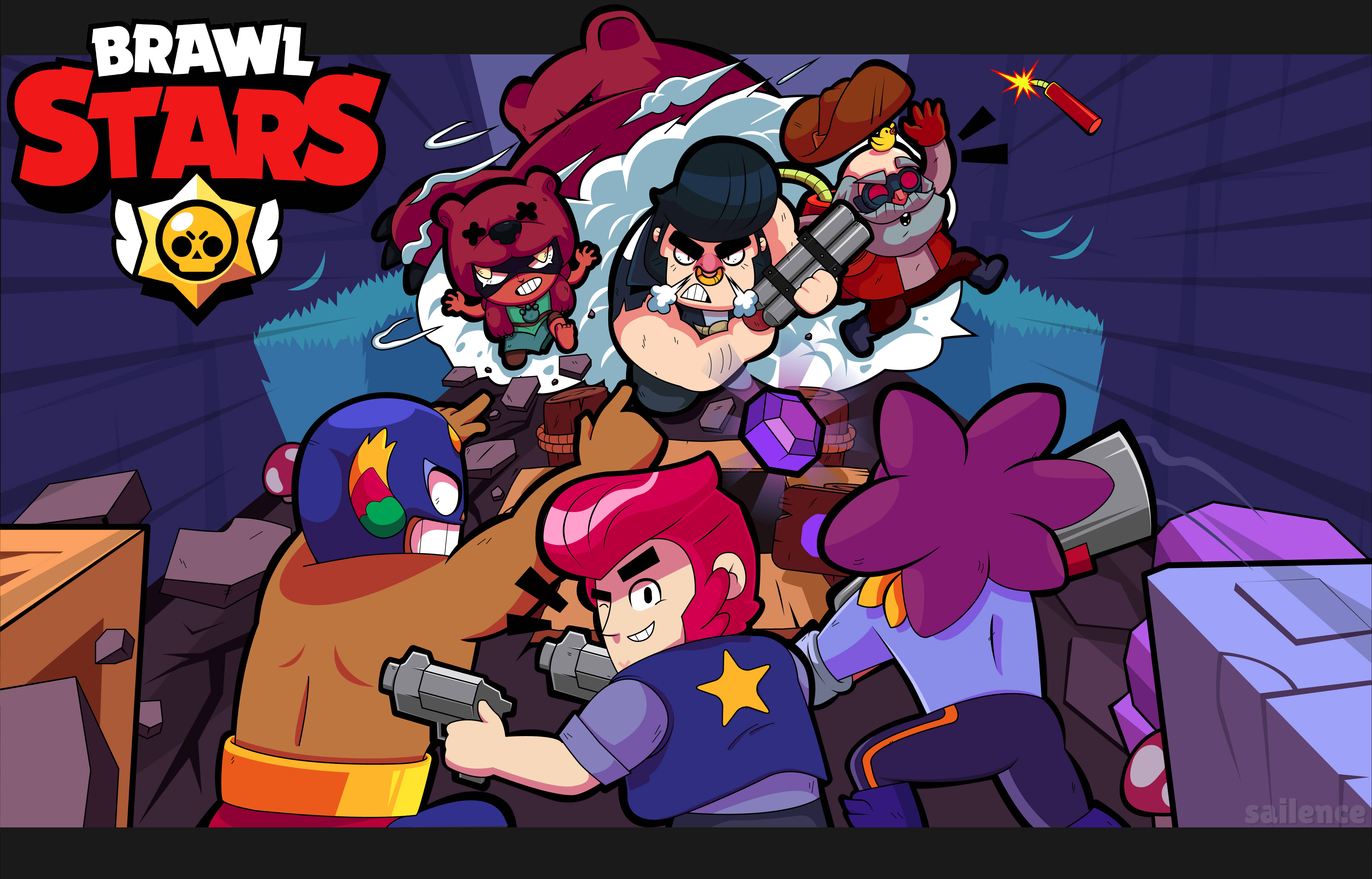 荒野亂鬥 桌布 壁紙 — Brawl Stars 角色在混亂的室內競技場中打鬥，伴有爆炸和瓦礫。
