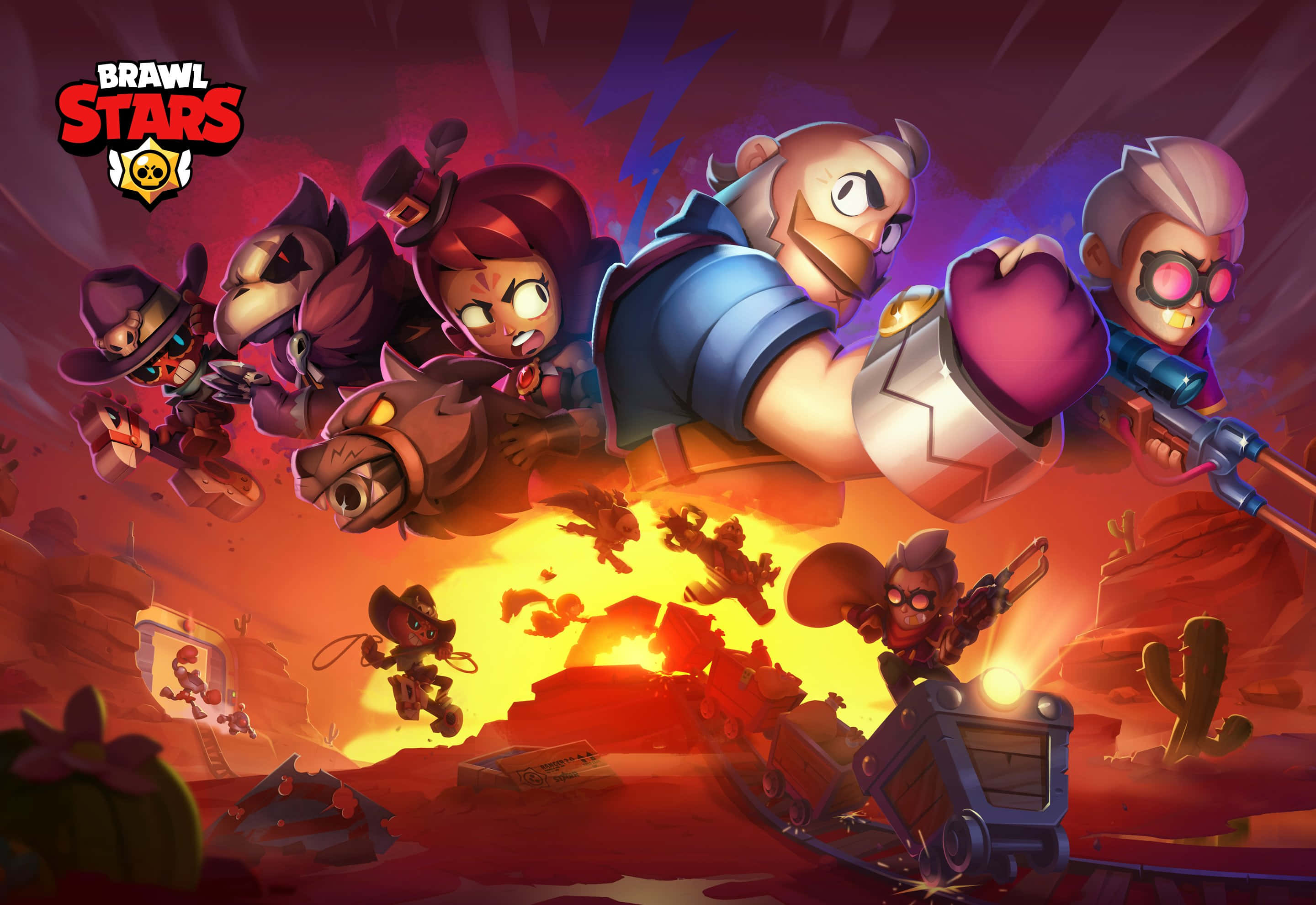 荒野亂鬥 桌布 壁紙 — Brawl Stars 角色在熾熱的沙漠峽谷中戰鬥，充滿爆炸和動態動作。