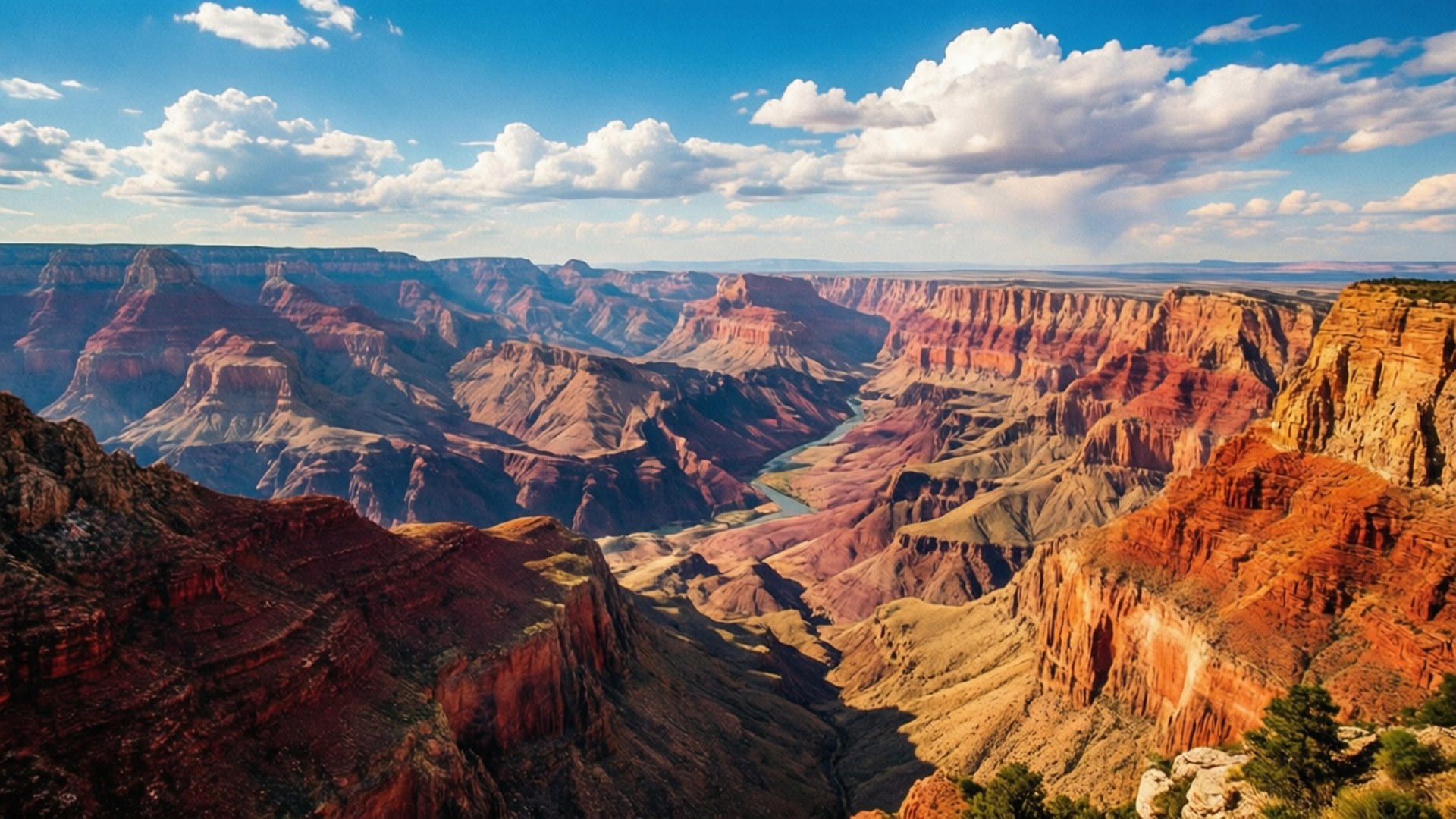 Grand Canyon Majesty 壁紙 — 大峽谷的壯麗鳥瞰圖，層疊的紅色岩層和蜿蜒的河流，在明亮的藍天和蓬鬆的白雲下。