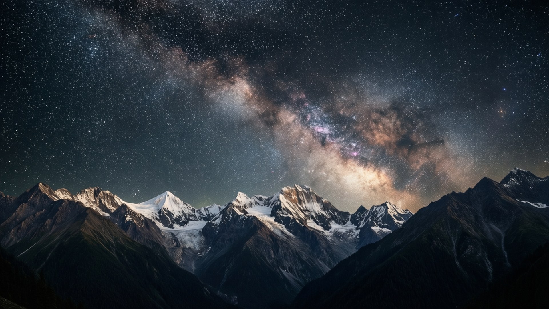 Starry Mountains 壁紙 — 在橫跨星空的充滿活力的銀河系下，白雪覆蓋的山峰的壯麗夜景。
