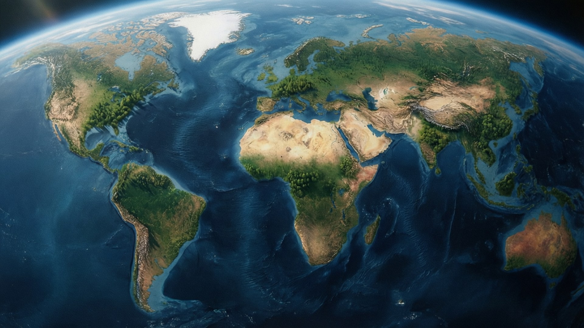 Geography 桌布 壁紙 — 從太空俯瞰地球的壯麗景色，展現大陸、海洋和彎曲地平線下的漩渦雲層。