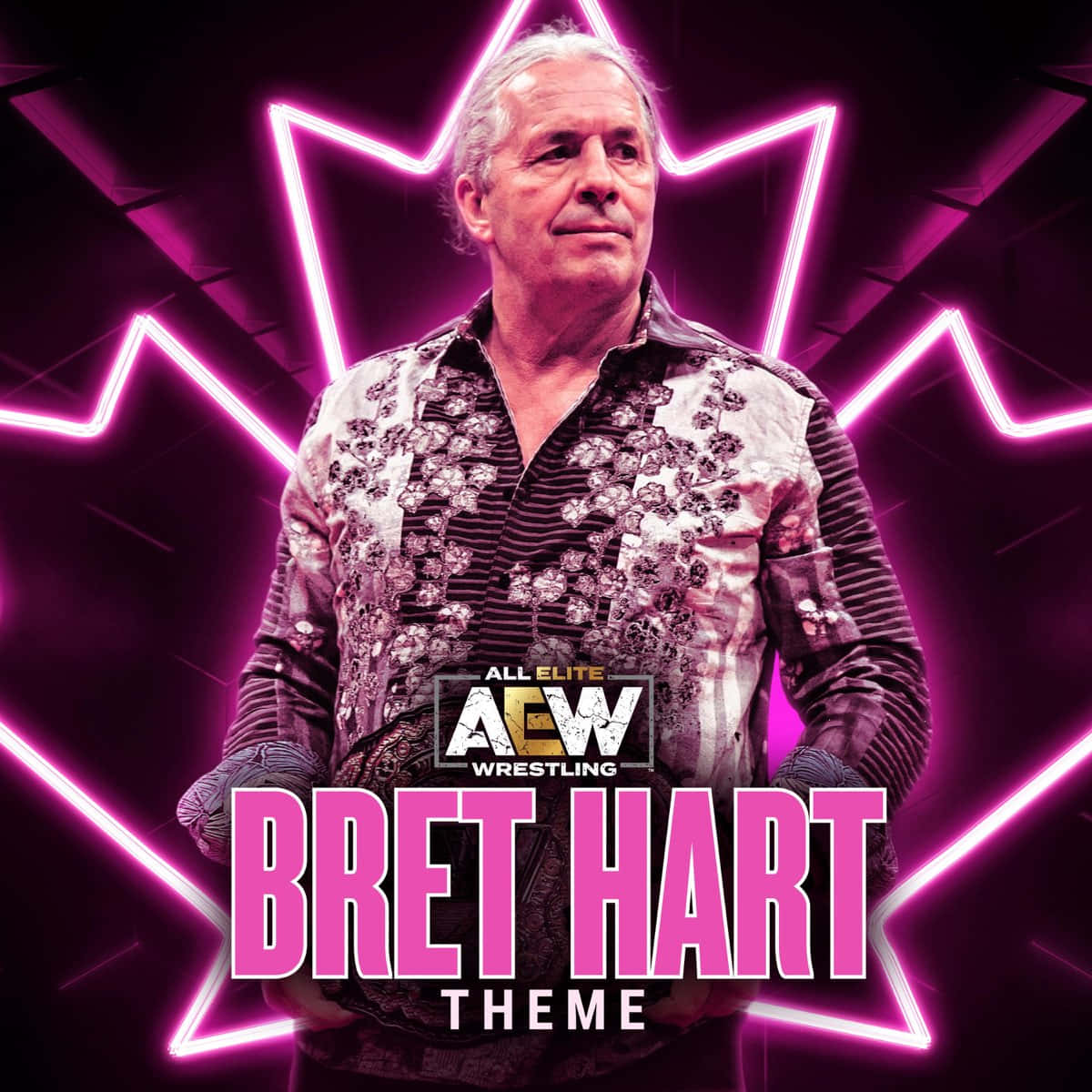 桌布 壁紙 — Bret Hart 自信地站在圖案襯衫中，背景是發光的粉紅色星爆效果，帶有AEW品牌標誌。