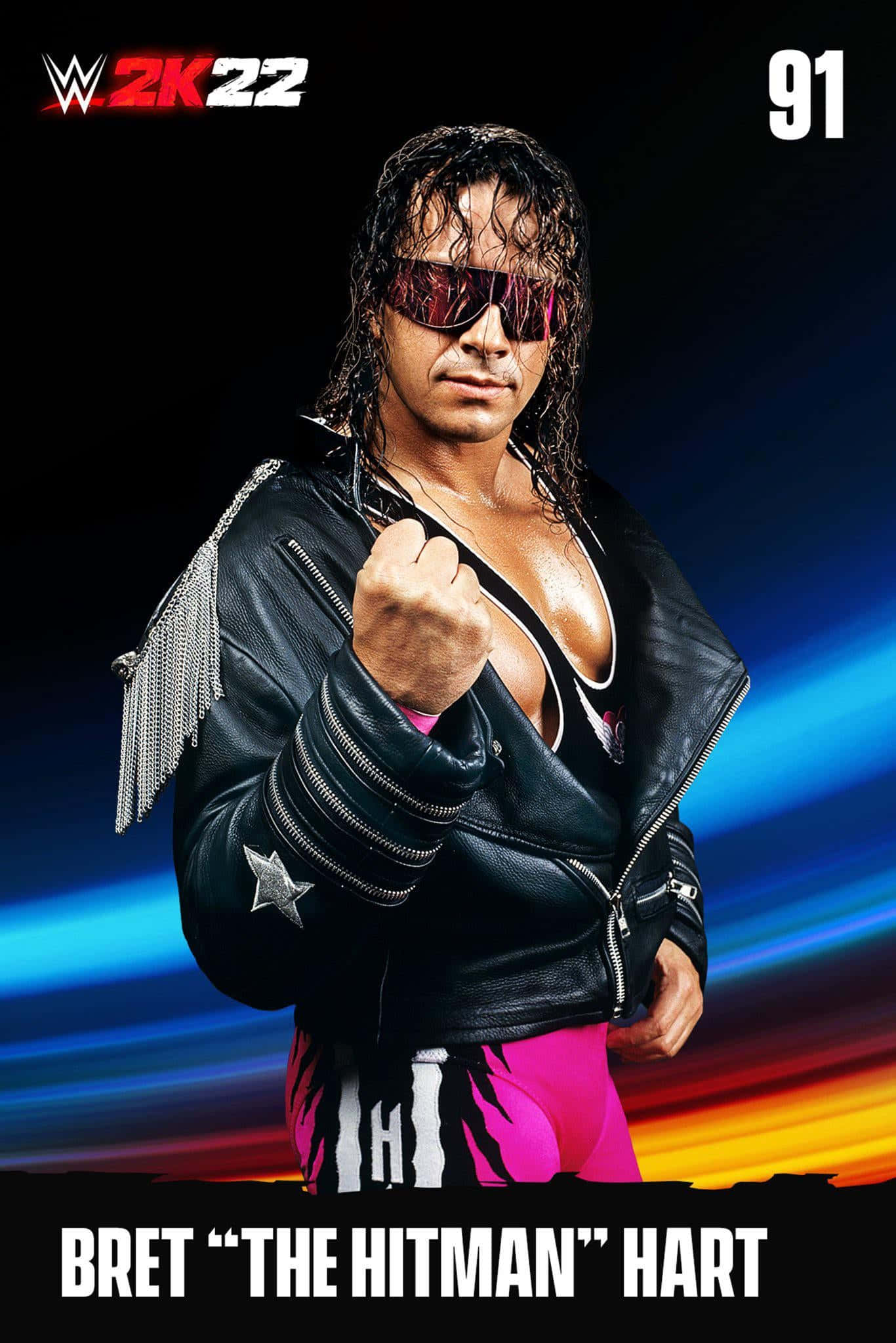 桌布 壁紙 — Bret Hart 身穿黑色皮夾克搭配銀色流蘇和粉紅色摔角褲，在充滿活力的藍橙漸變背景前自信地擺姿勢。