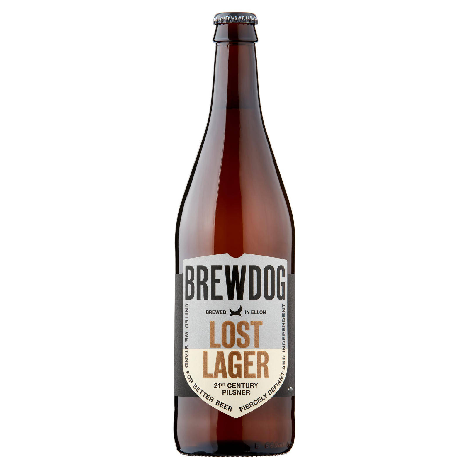 Drink 桌布 壁紙 — BrewDog Lost Lager 啤酒的高身棕色玻璃瓶，白色標籤上帶有粗體黑色和橙色文字，背景為純白色。