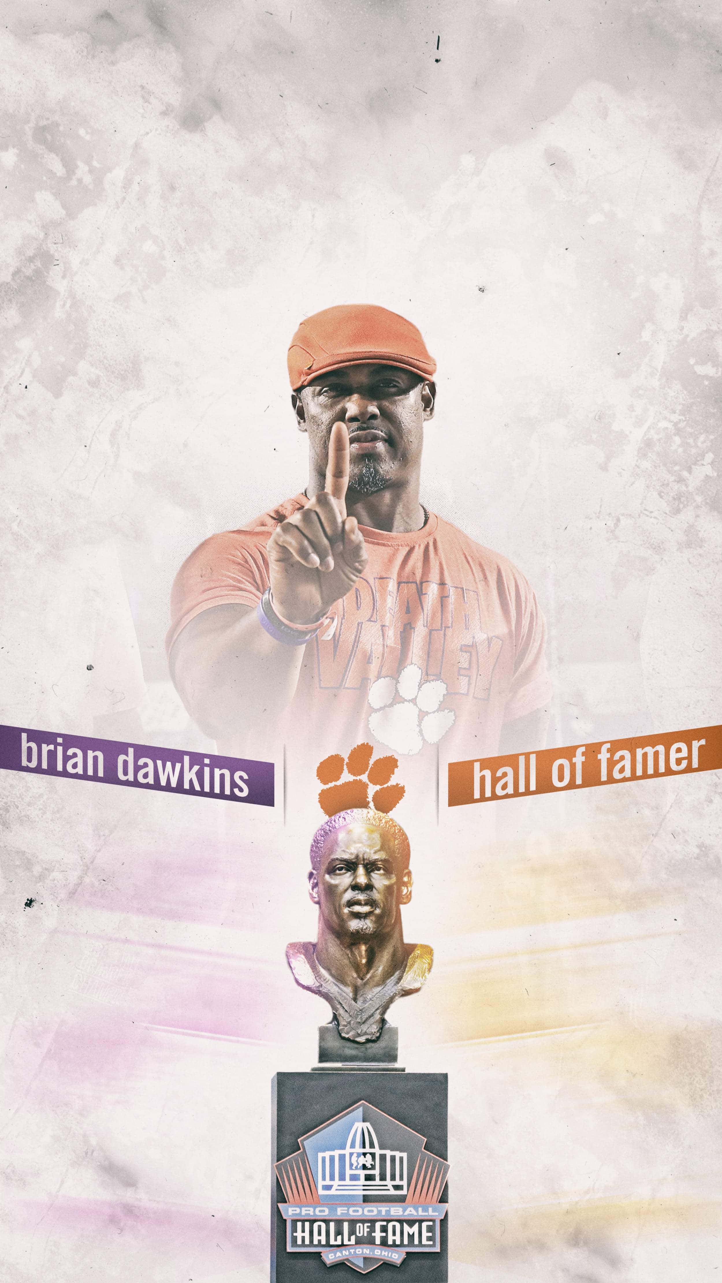 Clemson iPhone 桌布 壁紙 — Brian Dawkins 戴著橘色帽子和襯衫，在紋理背景前於其名人堂半身像上方做出和平手勢。