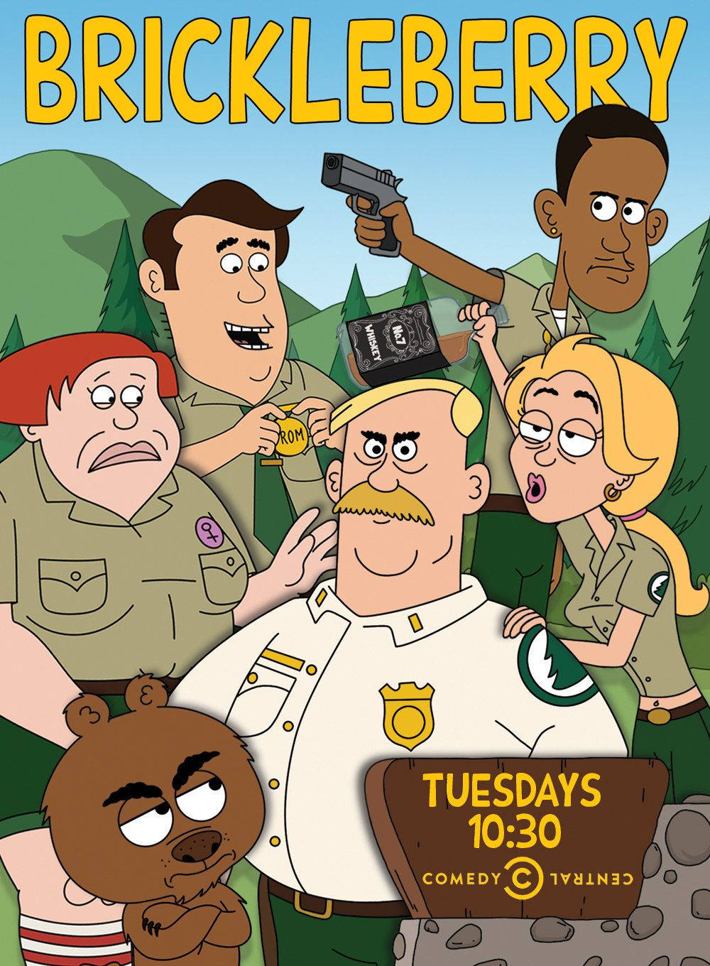 Cartoon 桌布 壁紙 — Brickleberry 的卡通海報展示了公園管理員在混亂喜劇場景中手持槍和徽章。