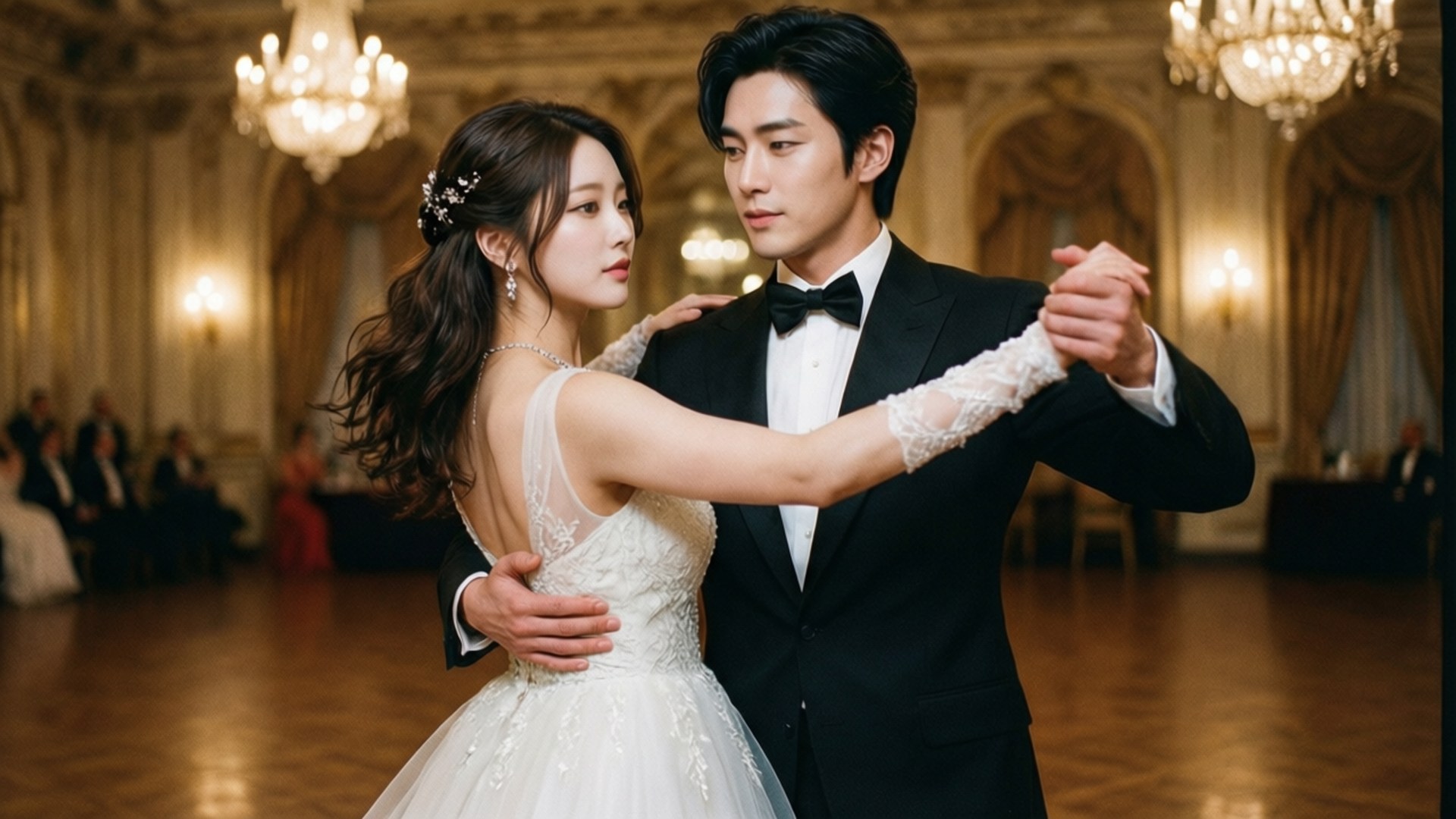 Ballroom Dance 壁紙 — 新娘和新郎穿著正式服裝，在華麗的舞廳中優雅起舞，舞廳內有水晶吊燈和華麗裝飾。