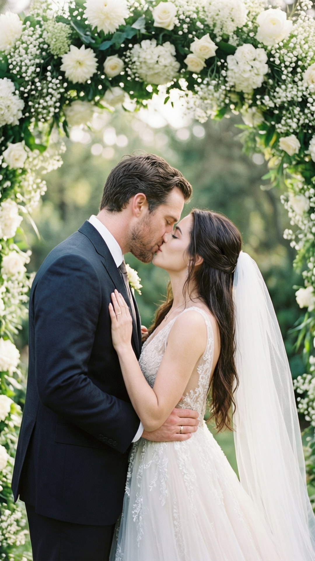 Wedding Kiss 壁紙 — 新娘和新郎在陽光普照的花園中，在茂盛的白色花卉拱門下親吻。