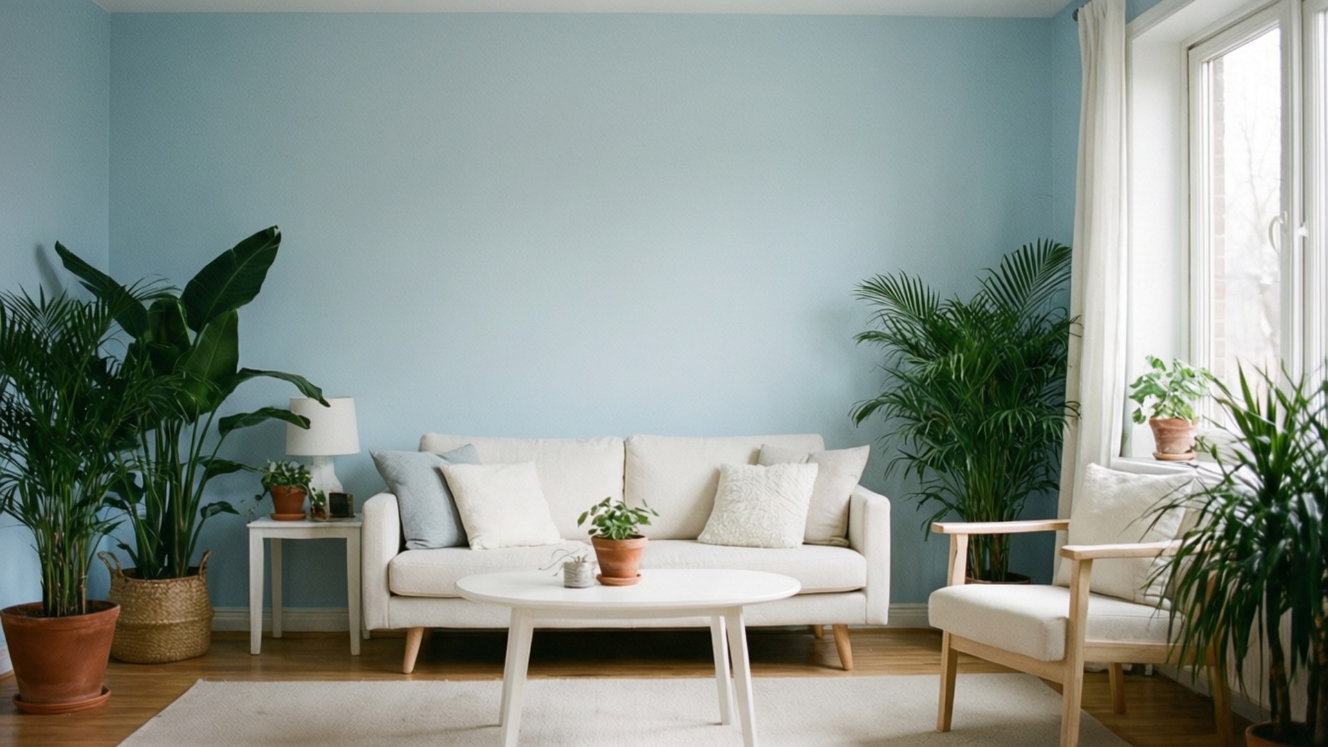Light Blue Minimalist Room 壁紙 — 明亮通風的客廳，淺藍色牆壁，白色沙發，大窗戶附近有大量綠色盆栽植物。