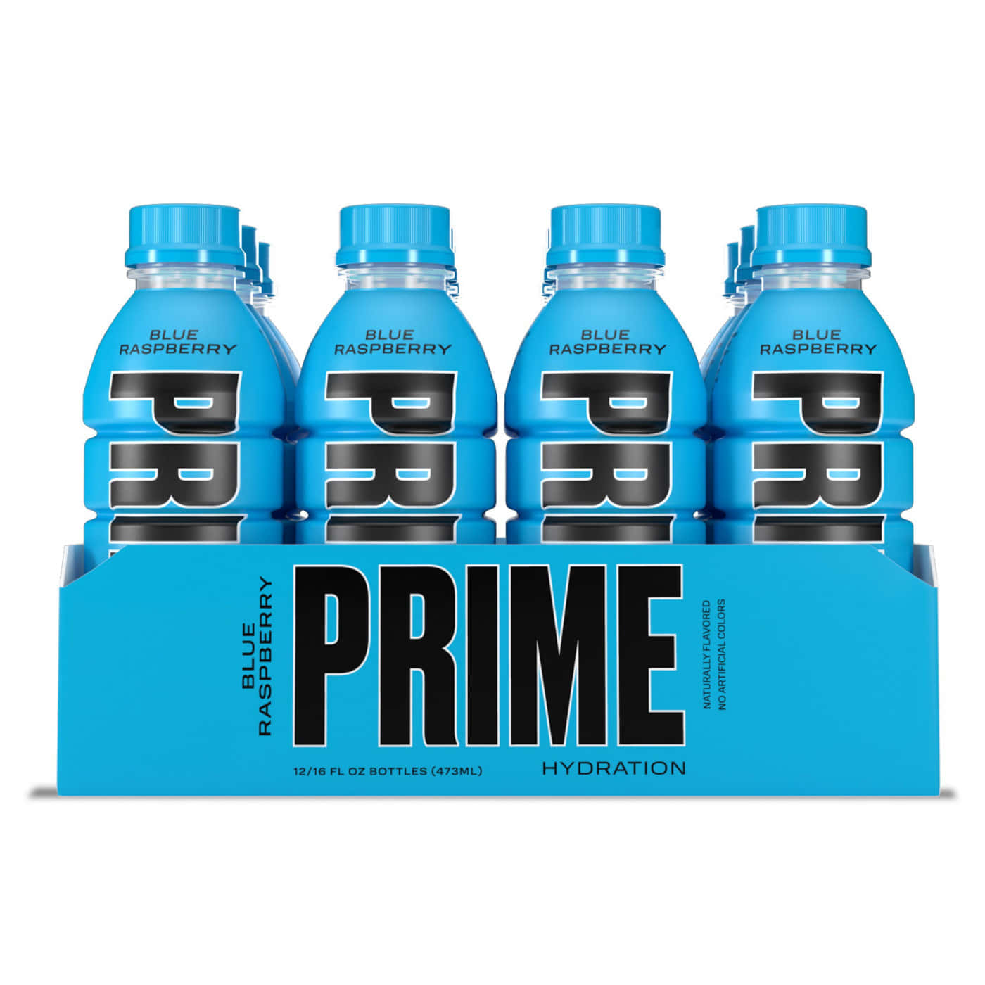  壁紙 — 六瓶亮藍色 Prime Blue Raspberry 補水飲料整齊地排列在一個相配的紙板托架上，背景是潔淨的白色。