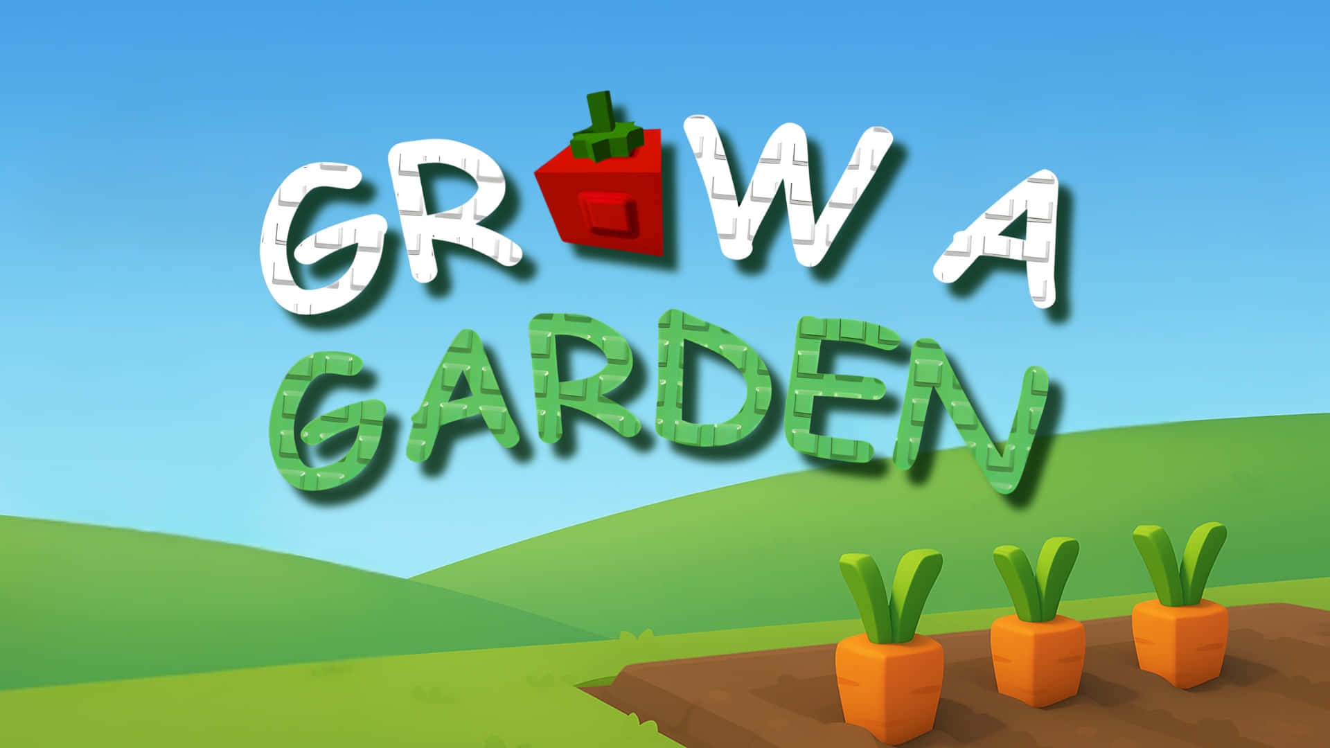  壁紙 — 明亮卡通風格標題「GROW A GARDEN」，帶有像素化字母和泥土中的三棵胡蘿蔔植物，背景是起伏的綠色山丘和藍天。