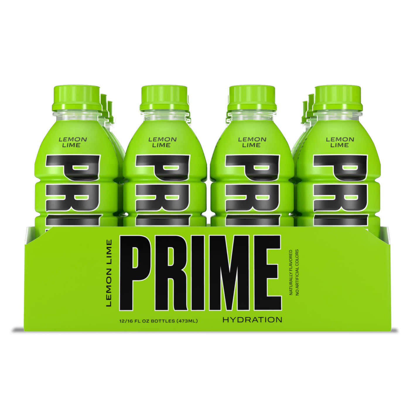  壁紙 — 一包六瓶鮮亮萊姆綠色的Prime Lemon Lime補水飲料，在潔白背景上有粗體黑色文字。