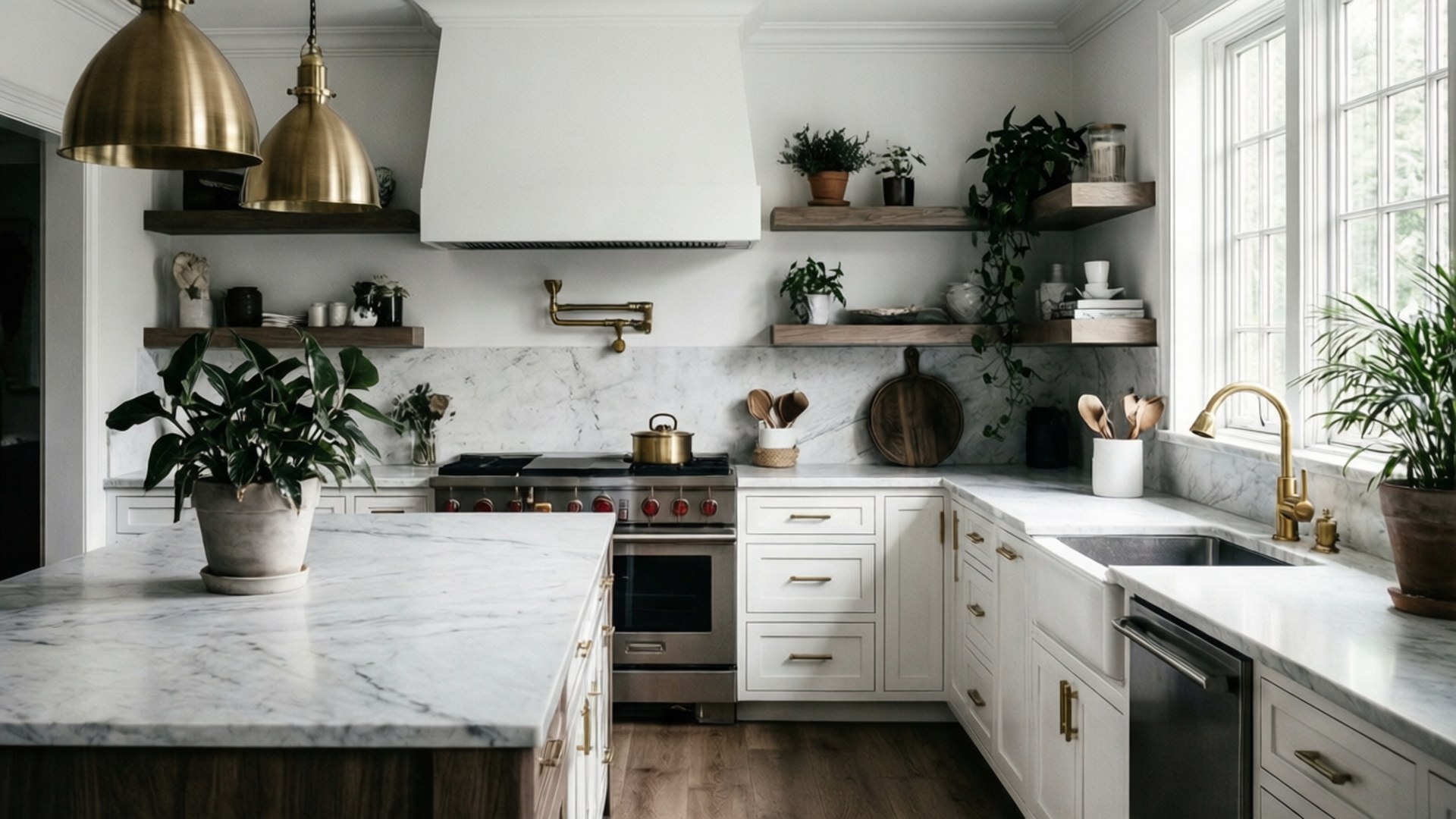 Modern Kitchen Elegance 壁紙 — 一個明亮的現代廚房，配有白色櫥櫃、大理石檯面、黃銅配件和自然光下的茂盛綠色植物。