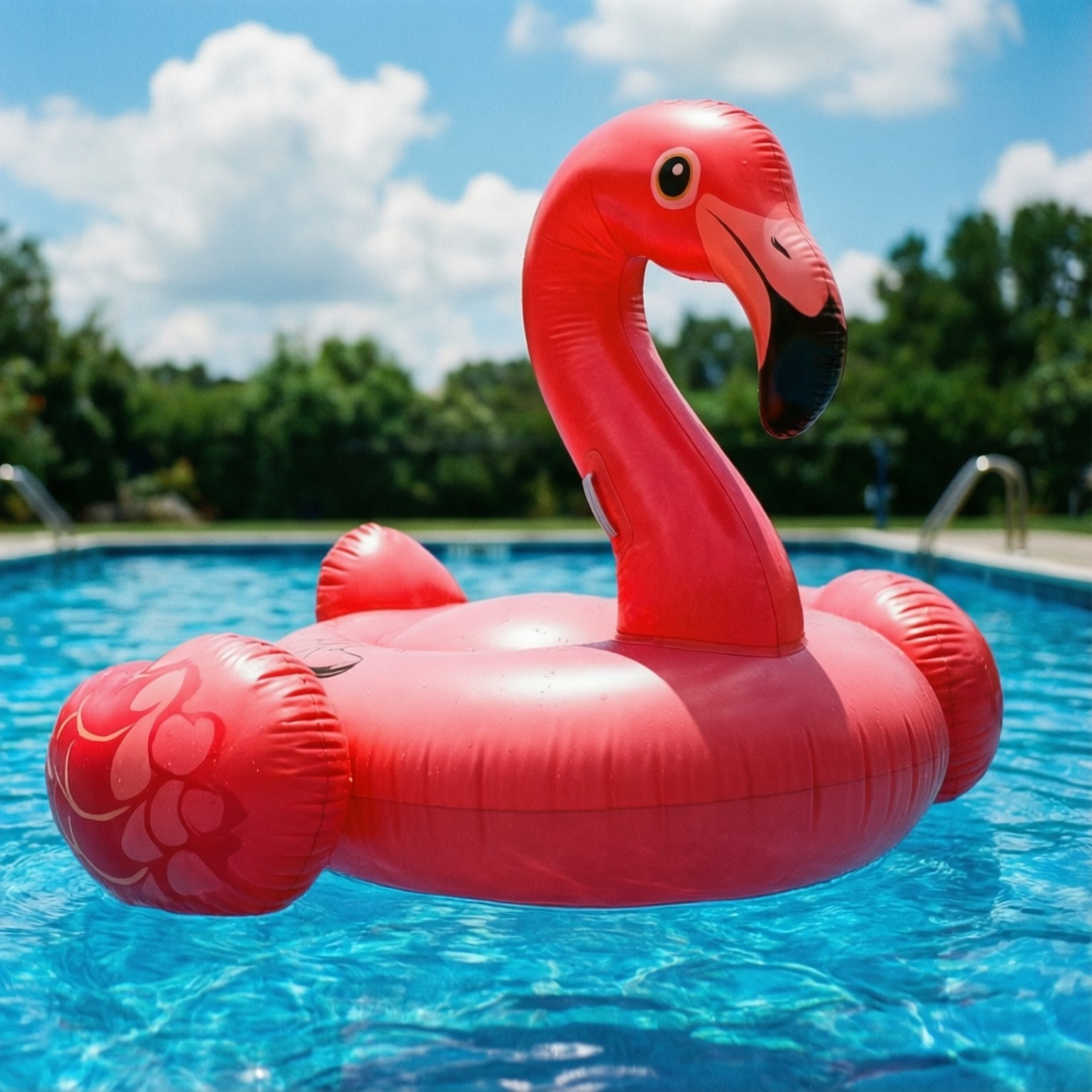 Flamingo Pool Float 壁紙 — 一個亮粉紅色的火烈鳥浮排漂浮在清澈的藍色泳池水中，上方是晴朗的天空和蓬鬆的雲朵。