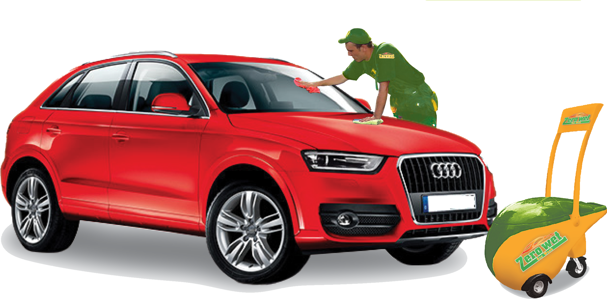 一名身穿綠色制服的工人用布擦拭一輛紅色Audi SUV。 — 洗車 壁紙