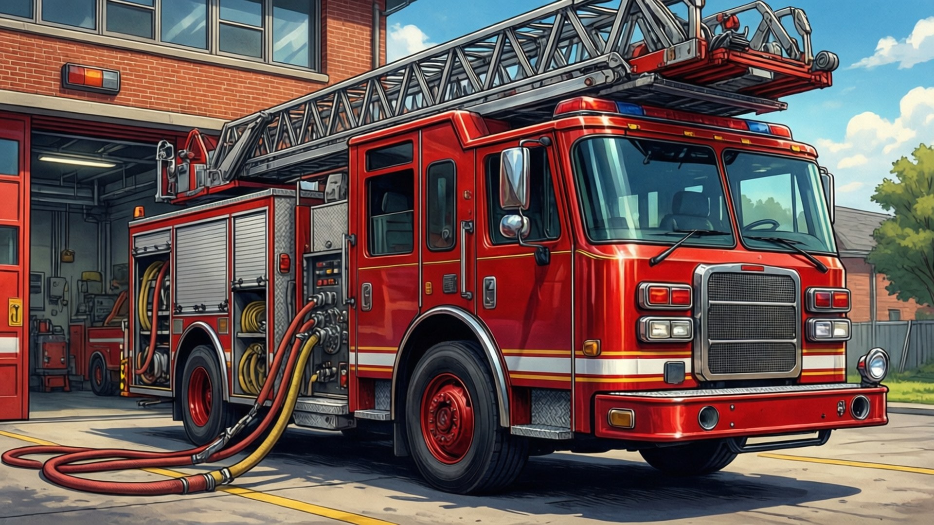 Fire Truck Station Ready 壁紙 — 一輛鮮紅色消防車，帶有伸展梯和盤繞的水管，停在磚砌消防局外，天空湛藍。