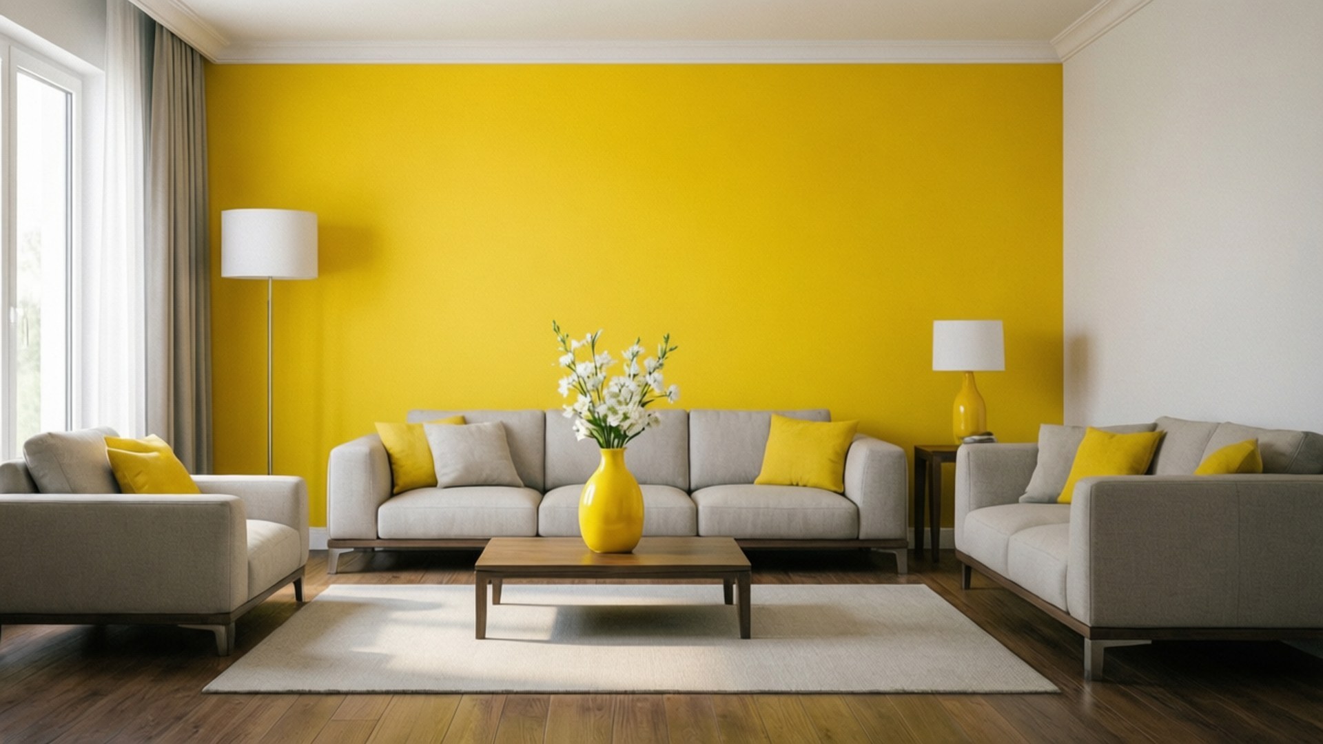 Yellow Accent Room 壁紙 — 一面明亮的黃色特色牆框出一個現代客廳，配有灰色沙發、黃色靠墊和黃色花瓶中的白色花朵。