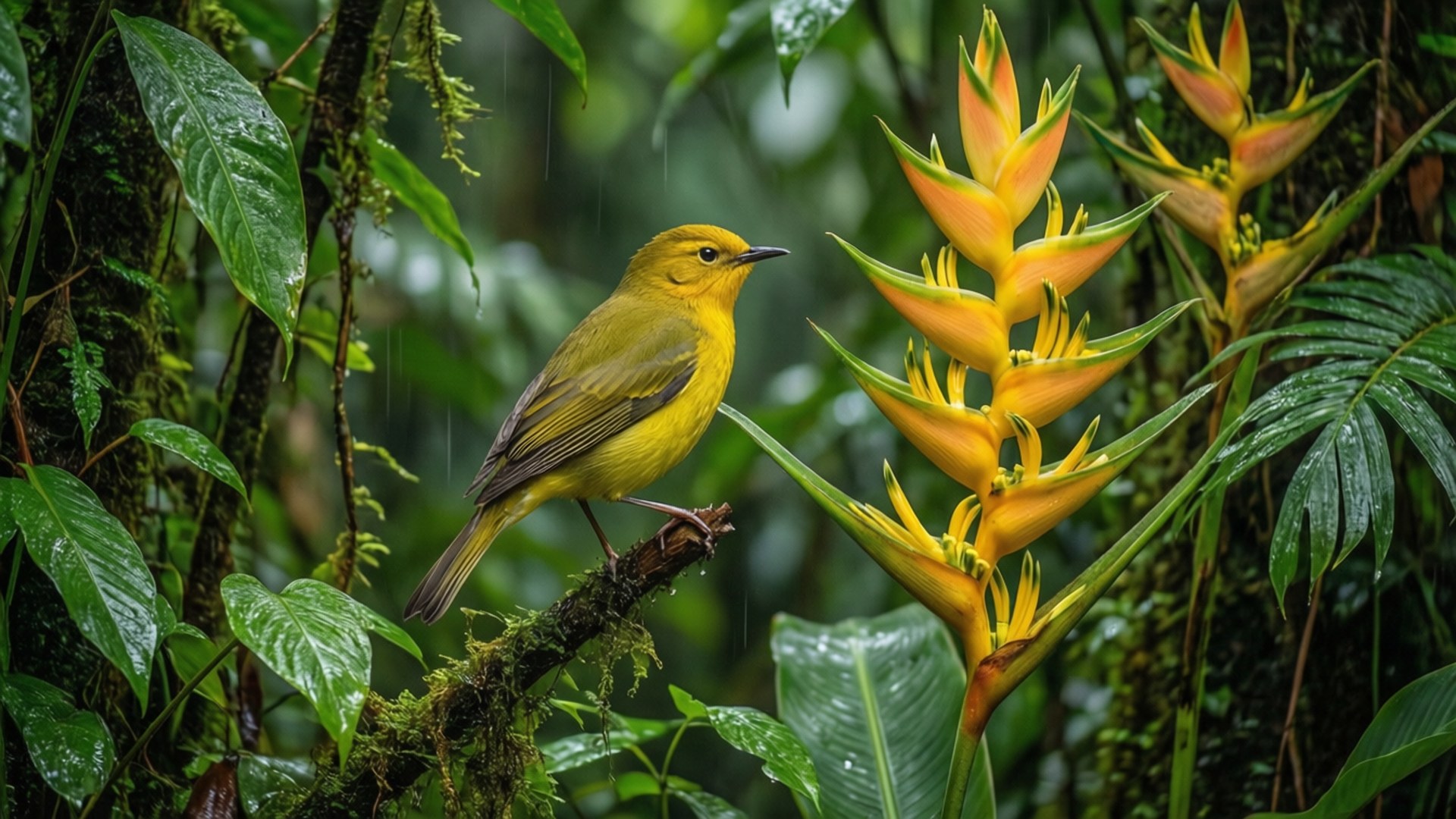 Warbler in Rainforest 壁紙 — 一隻明亮的黃色鳥棲息在長滿苔蘚的樹枝上，旁邊是充滿活力的橙色赫蕉花，在雨淋的叢林中。