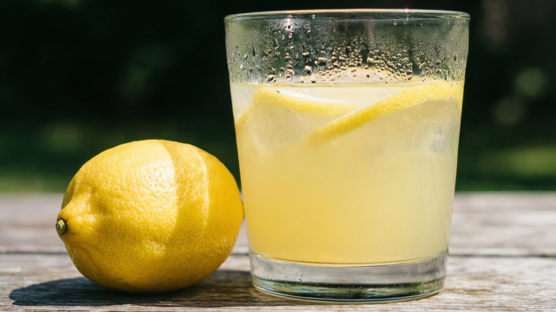 Lemon and Lemonade 壁紙 — 一個鮮黃色的檸檬放在一杯有冰和檸檬片的檸檬水旁邊，置於戶外風化的木桌上。