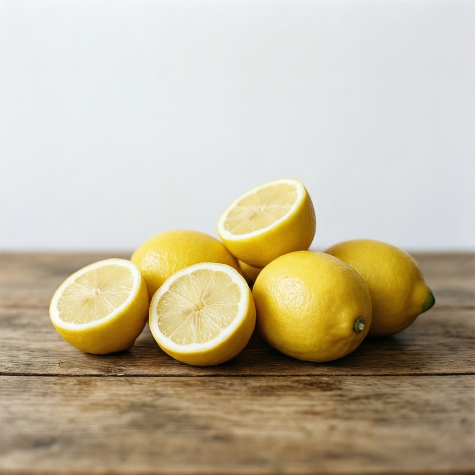 Minimalist Lemon Flat Lay 壁紙 — 鮮黃色的檸檬，完整和切半的，放在質樸的木質表面上，背景是柔和的白色。