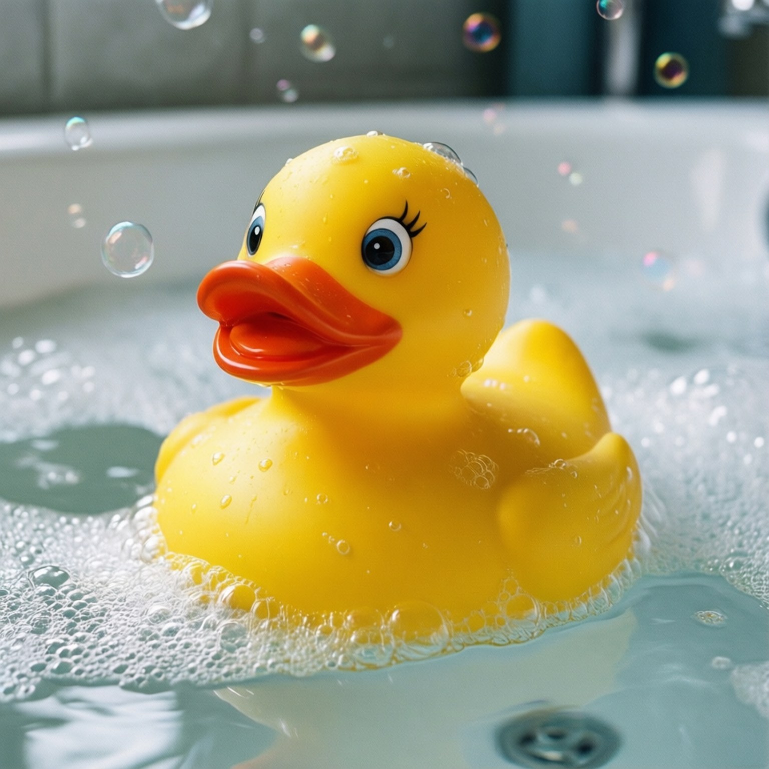Rubber Duck Bath 壁紙 — 一隻明亮的黃色橡膠鴨，有藍色眼睛和睫毛，漂浮在白色浴缸中的泡泡肥皂水裡。