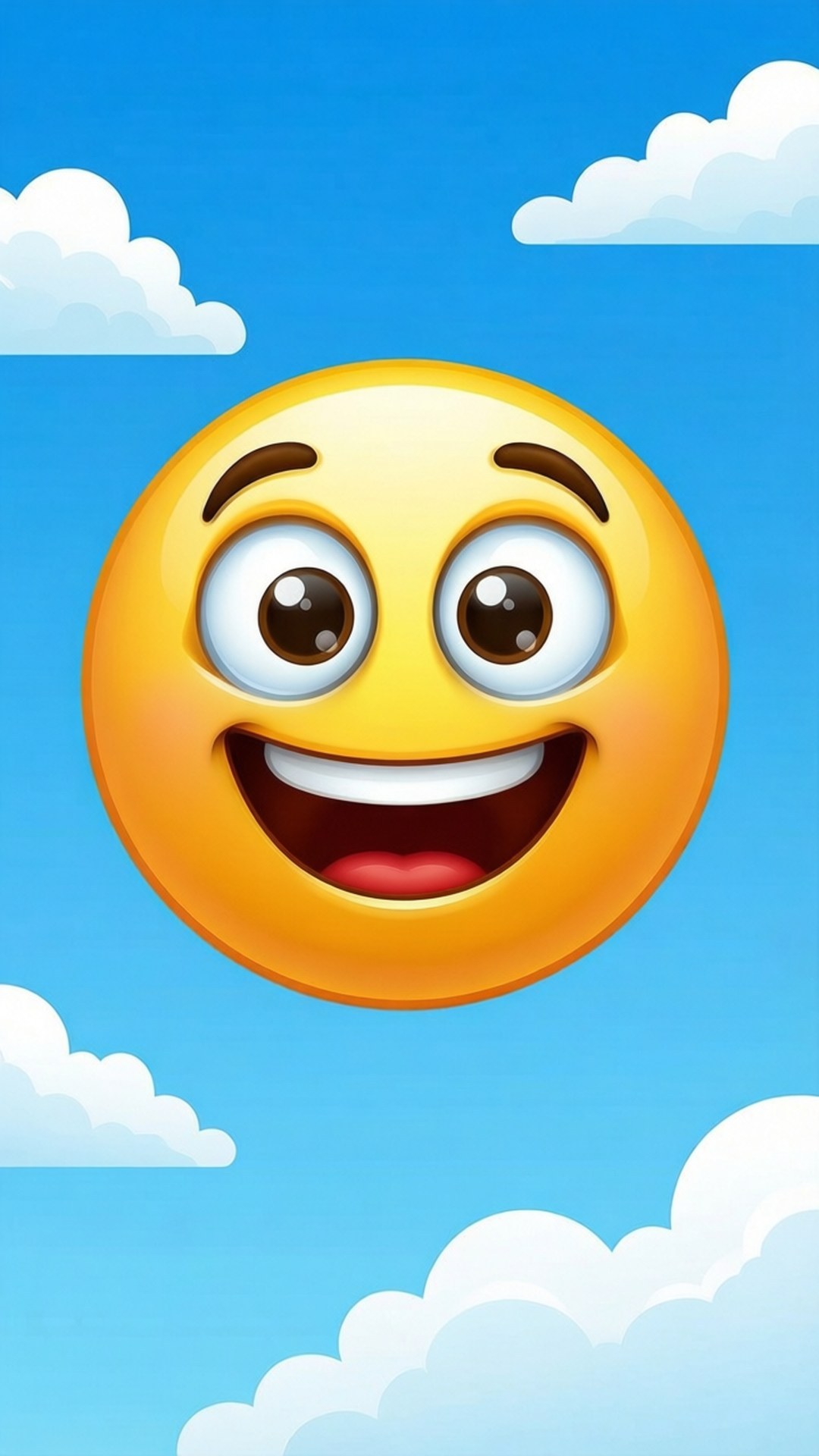 Happy Emoji Sky 壁紙 — 一個明亮黃色、微笑的表情符號，有大眼睛，在點綴著蓬鬆白雲的清澈藍天中愉快地漂浮。