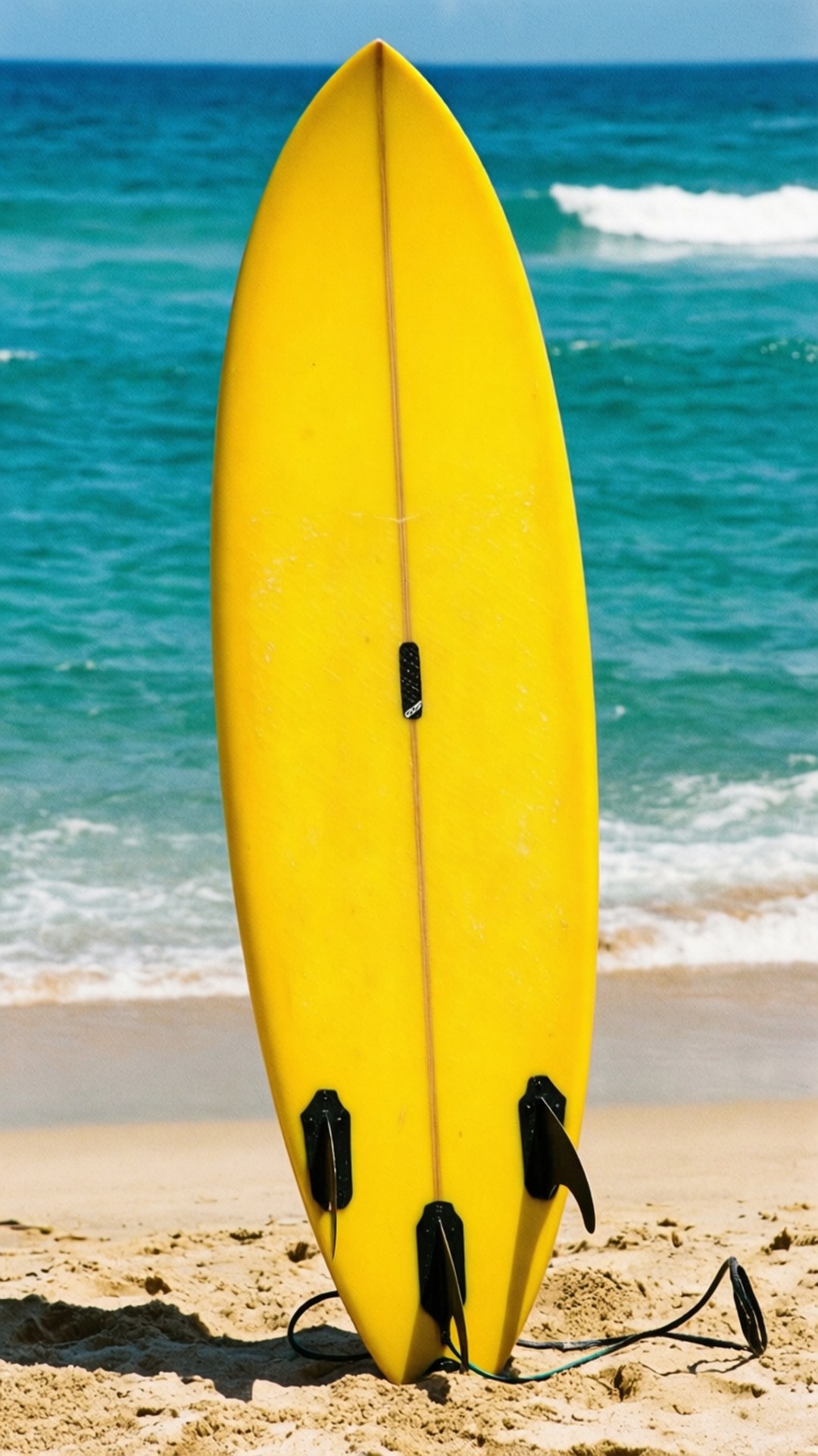 Yellow Surfboard by Sea 壁紙 — 一塊亮黃色的衝浪板豎立在金色沙灘上，背後有碧綠的海浪翻滾而來。