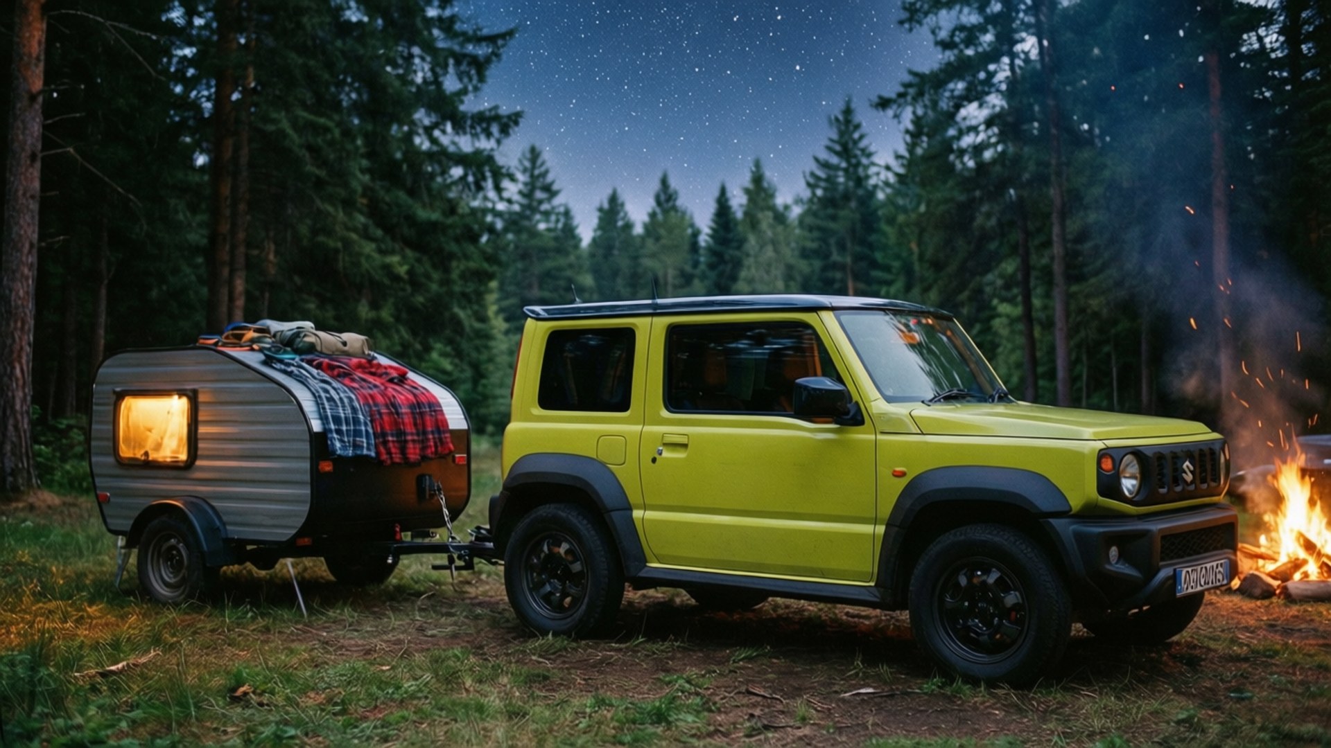 Suzuki Jimny 桌布 壁紙 — 一輛亮黃色的鈴木 Jimny 停泊在星空森林中的營火旁，附近有一輛亮著燈的露營拖車。