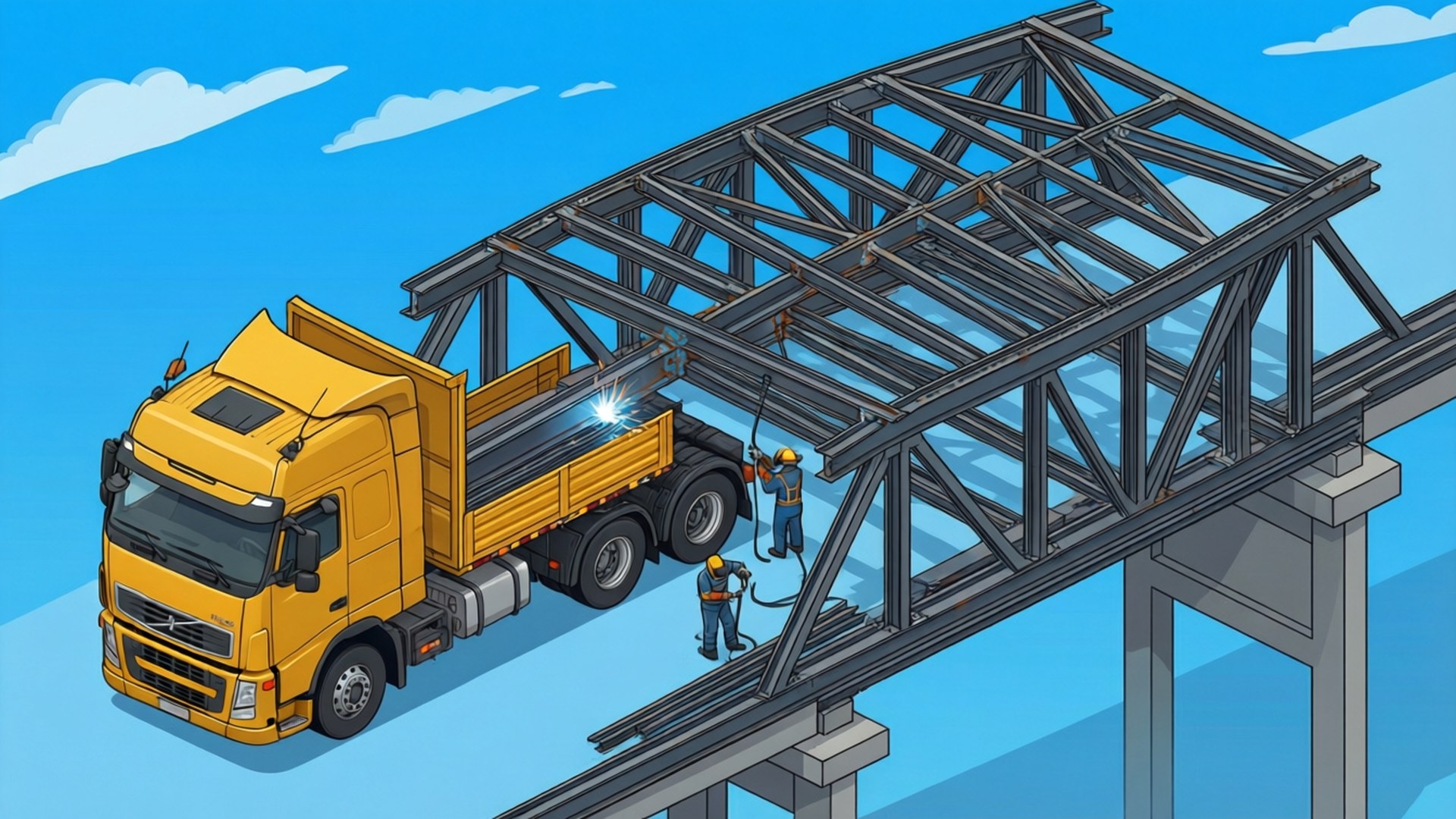 Welding Trucks 桌布 壁紙 — 一輛亮黃色卡車運送鋼樑，工人在晴朗藍天下焊接橋樑框架。
