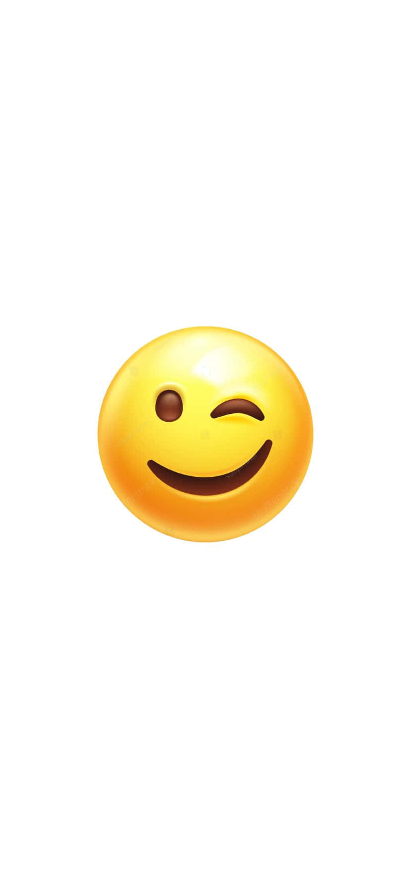  壁紙 — 一個明亮的黃色眨眼笑臉表情符號，在純白背景上帶著愉快的笑容。