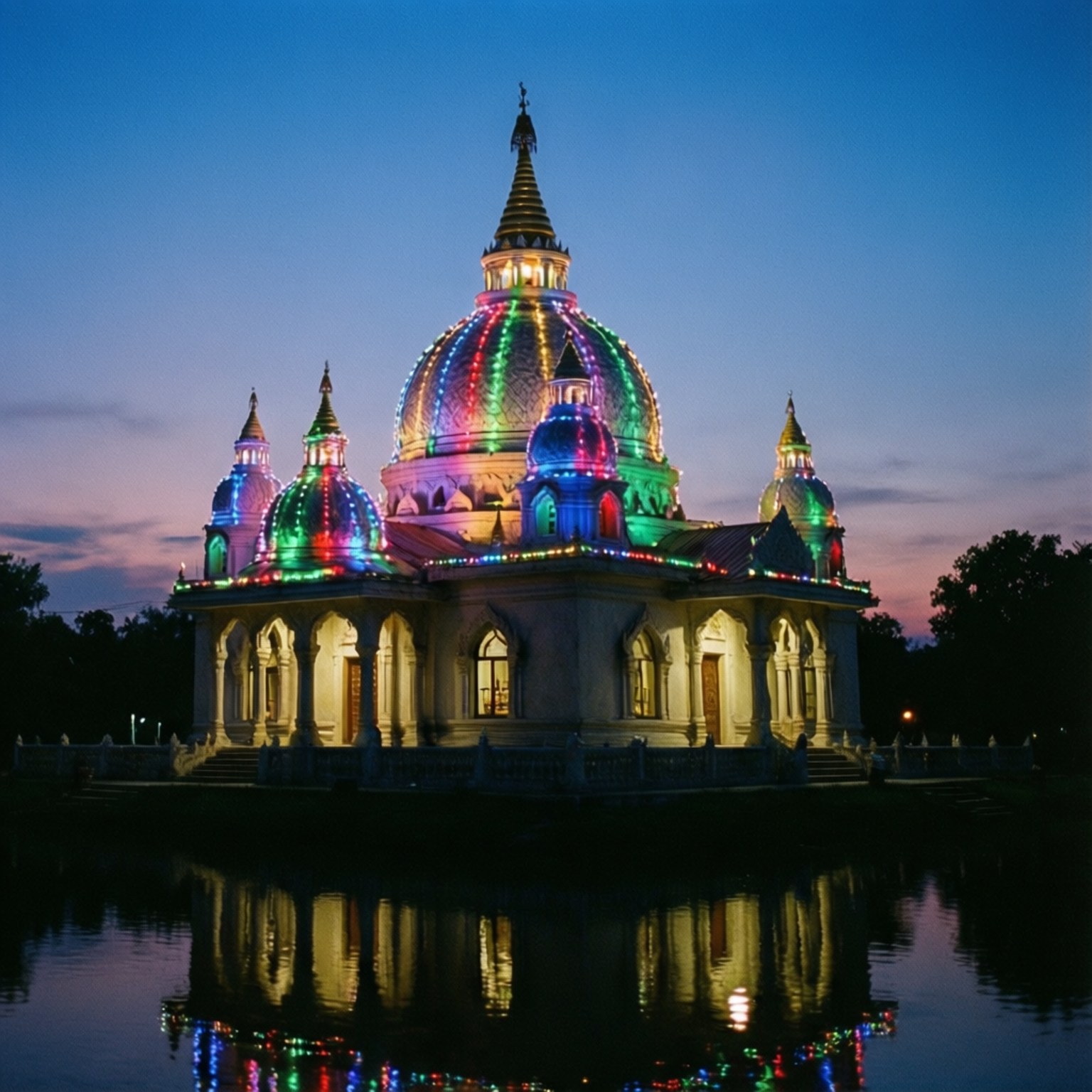 Temple of All Religions Twilight 壁紙 — 一座燈火通明、擁有彩色圓頂的寺廟，在暮色天空下倒映在平靜的水面上。