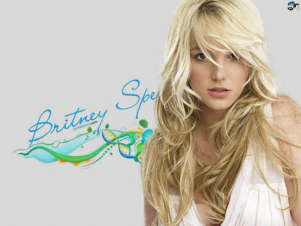 britney 桌布 壁紙 — Britney Spears 一頭飄逸的金髮，在白色背景上柔和地凝視著色彩繽紛的抽象漩渦。