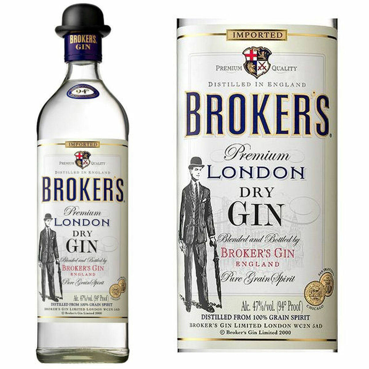 飲料 桌布 壁紙 — Broker's Premium London Dry Gin 的透明酒瓶和標籤，上面有一位穿著西裝和圓頂禮帽的復古紳士。