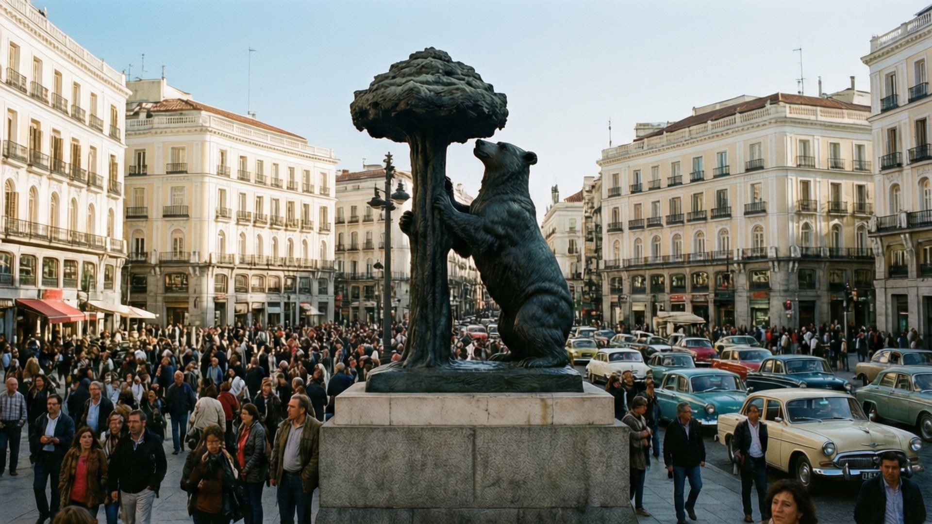 Madrid 桌布 壁紙 — 一個熙熙攘攘的城市廣場，擠滿了人和老爺車，環繞著一個正在爬樹的大熊青銅雕像。