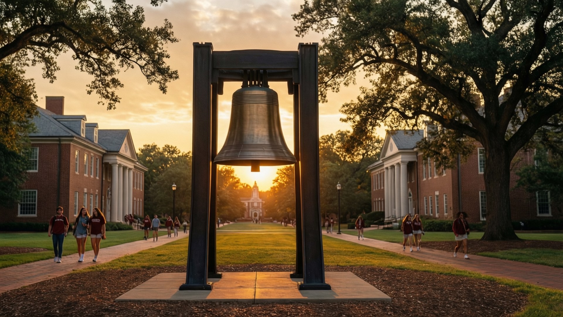 Denny Chimes at Dusk 壁紙 — 一個大銅鐘矗立在校園草坪中央，金色夕陽下，學生們在磚砌建築和枝葉茂盛的樹木之間的步道上行走。