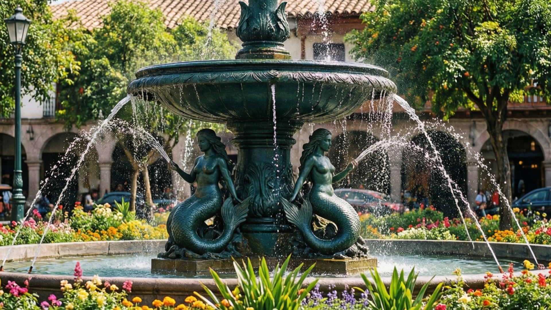 Plaza de Armas Fountain 壁紙 — 一個大型青銅噴泉，有兩個美人魚雕像噴水，周圍環繞著鮮豔的花朵和茂密的綠植，位於陽光明媚的廣場上。